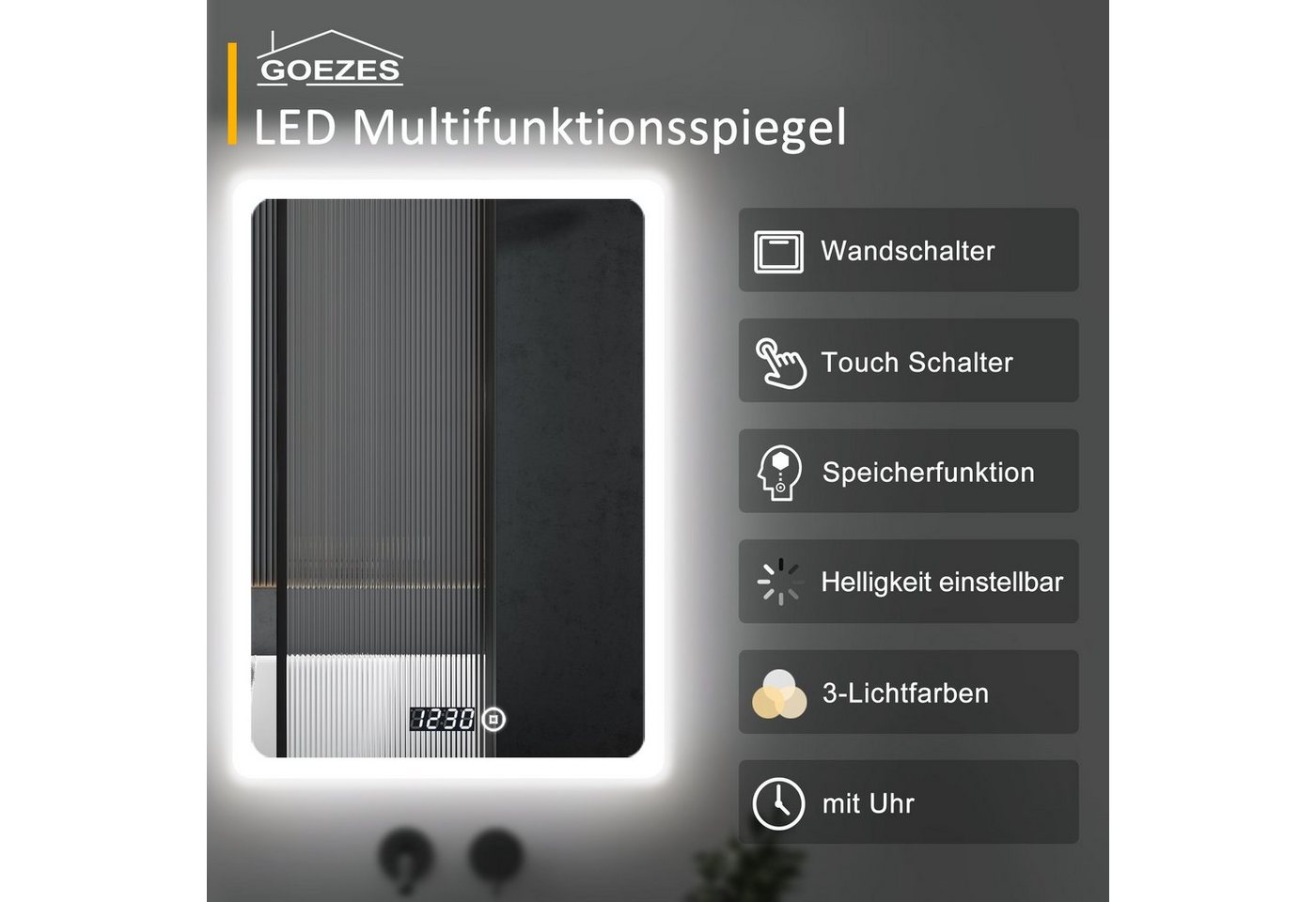Thumbnail - WDWRITTI Badspiegel Badezimmerspiegel mit Beleuchtung Wandspiegel Led Touch Wandschalter (Spiegel Bad, 3Lichtfarben, Hel...