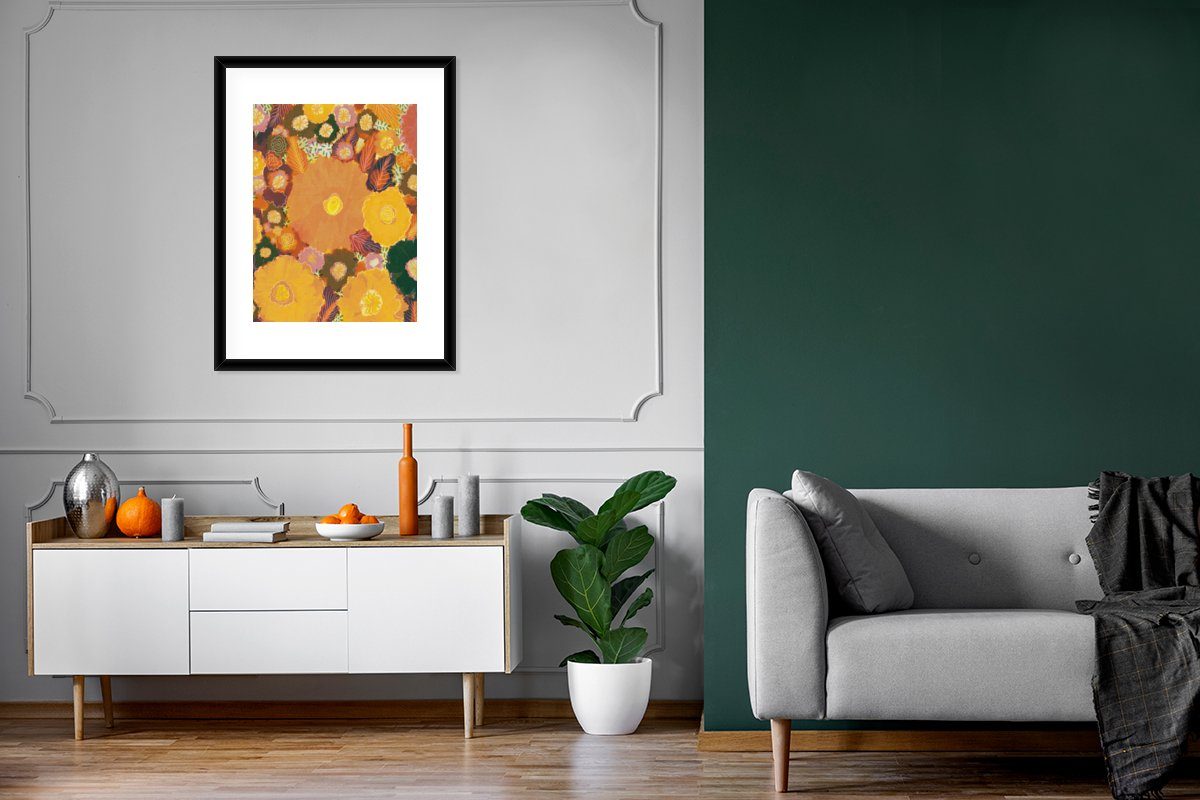 Gerahmtes Blumen Wanddeko, - St), - MuchoWow - Wandposter, Bilder, Hippie, Farbenfroh - Poster, Bilderrahmen Gelb (1 Schwarzem Poster Pflanzen