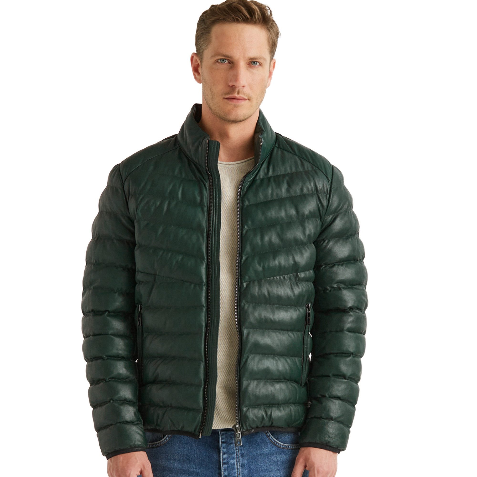 Milestone Lederjacke MSHendrik Milestone - Herren Lederjacke Steppjacke Lammnappa dunkelgrün