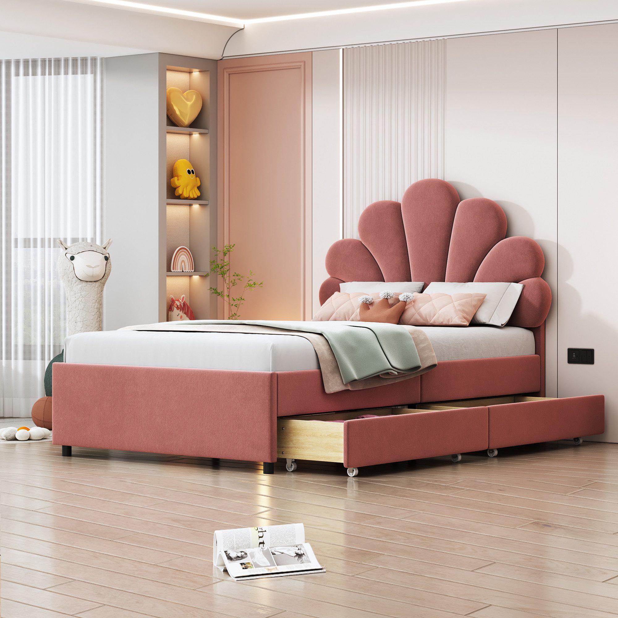 Flieks Polsterbett, Einzelbett Blumenform-Kopfteil Samt 90x200cm günstig online kaufen