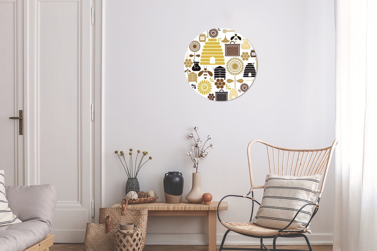 Illustration Wohnzimmer von Rund, Tapetenaufkleber, (1 Kinderzimmer, Wandsticker Bienen MuchoWow der für Piktogramme Eine St), Tapetenkreis