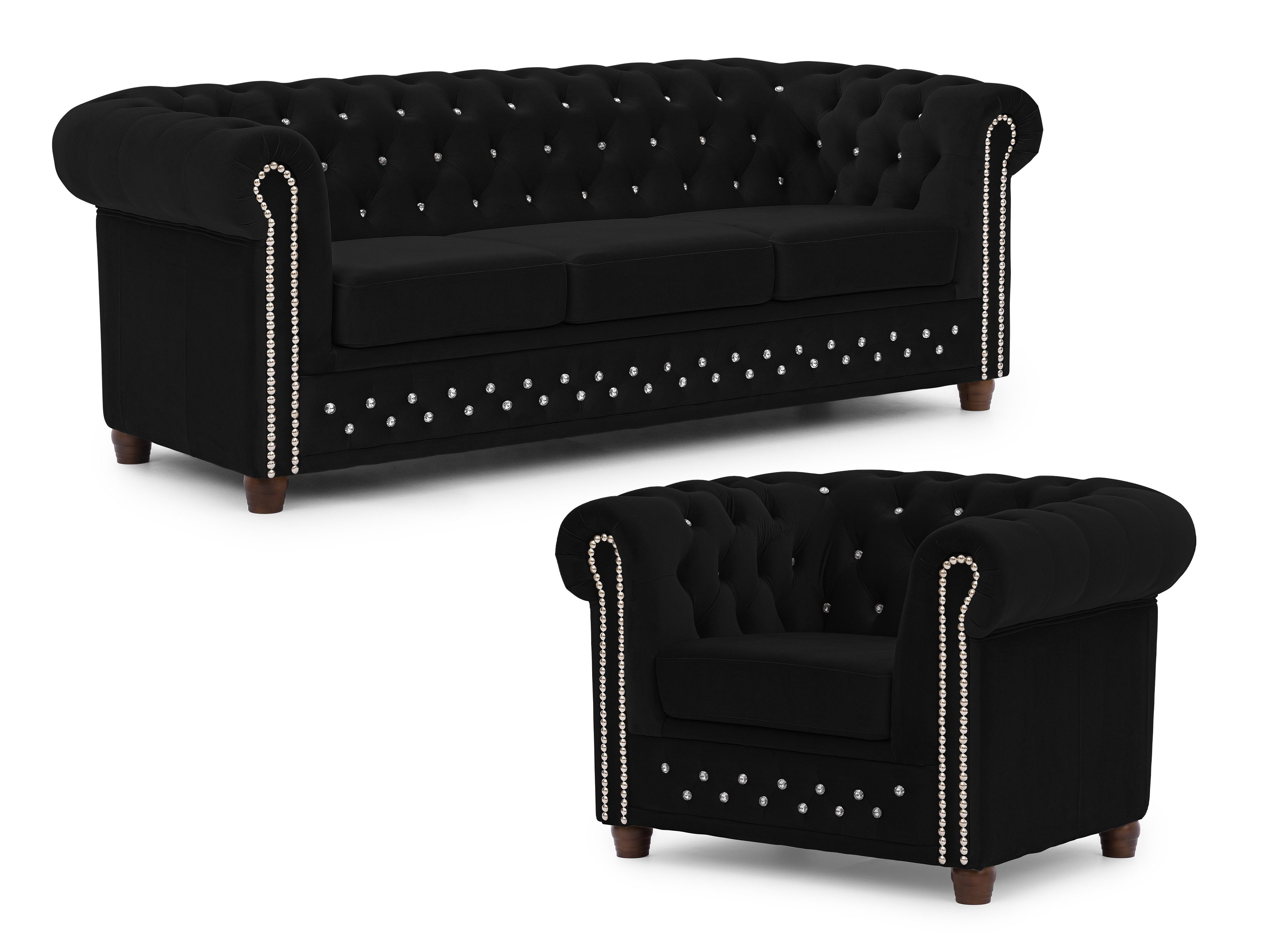 S-Style Möbel Polstergarnitur Chesterfield 3+1 Cleo Blink aus Samt mit Kristallsteppung, (1x 3-Sitzer-Sofa, 1x Sessel)