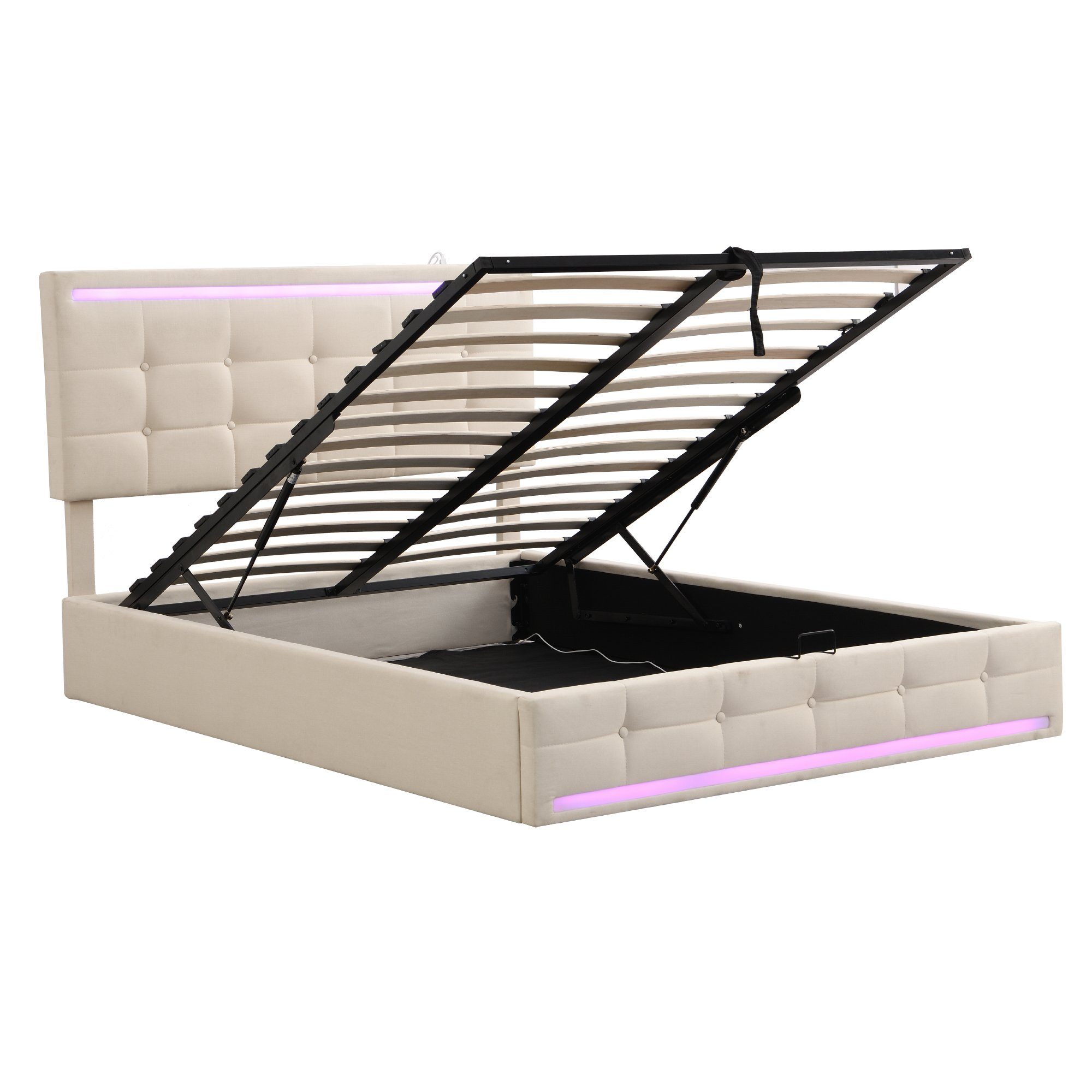 Polsterbett (Hydraulisches Bett mit Bettkasten, Lattenrost und 2 USB-Anschluss), Stauraumbett Funktionsbett 140x200 cm mit LED Beleuchtung, Leinen