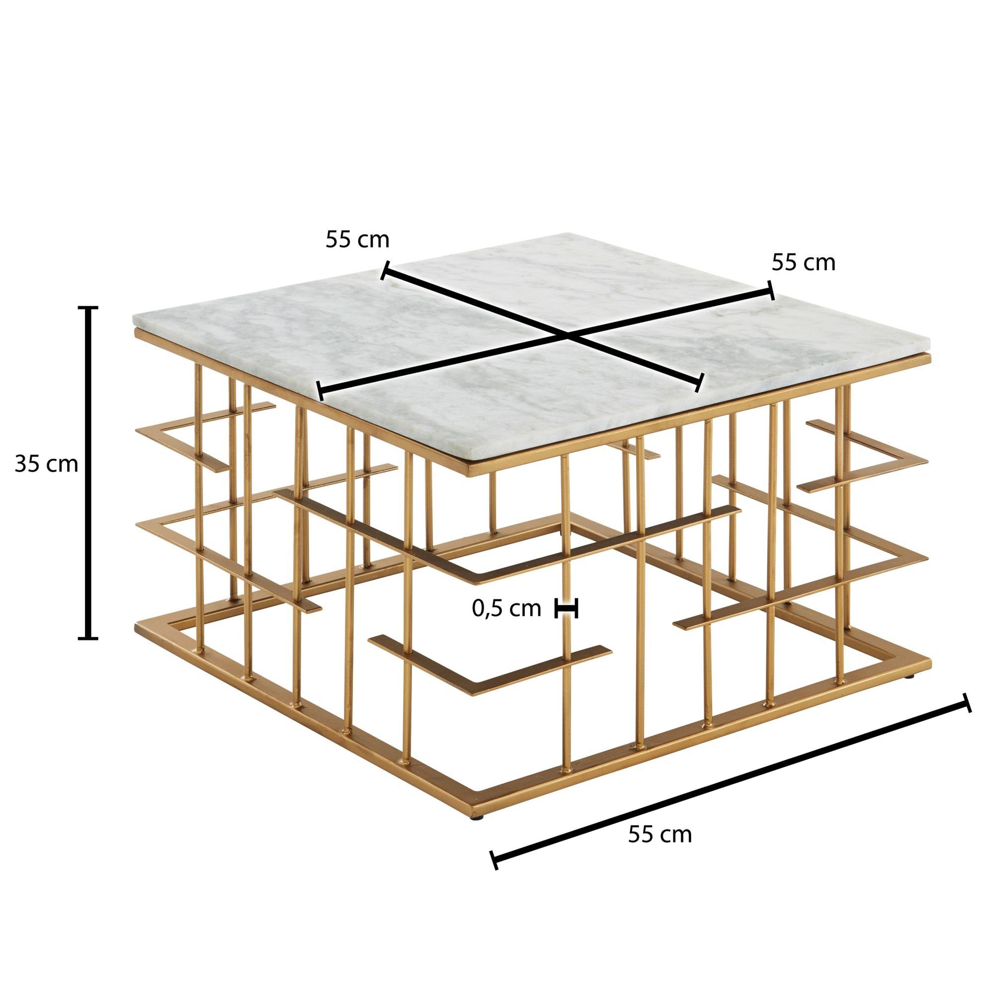 Wohnling Couchtisch WL6.681 Marmor Quadratisch), (55x55x35 cm, Tisch Modern Wohnzimmertisch Echter Weiß, Gold, Wohnzimmer