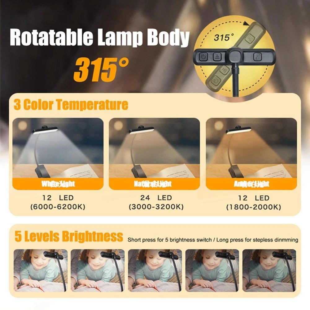 Ophy LED Leselampe LED Buchlampe mit Clip – wiederaufladbar (USB), 24 LEDs, 3 Farbtemperatur-Modi (Bernstein/Misch/Weiß), 5 Helligkeitsstufen, 360° flexibler Schwanenhals – perfekt fürs Nachtlesen im Bett