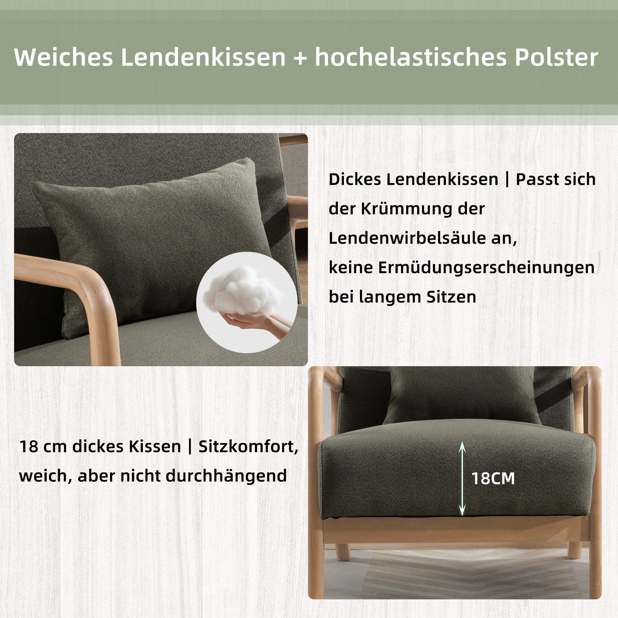 CANMOV Relaxsessel Accent Sessel mit Kissen, Loungesessel mit Armlehnen, Einzelsessel (2-St), Natürliches Holz, Liegestuhl mit Armlehne und Kissen, für Wohnzimm – Bild 5 von 5