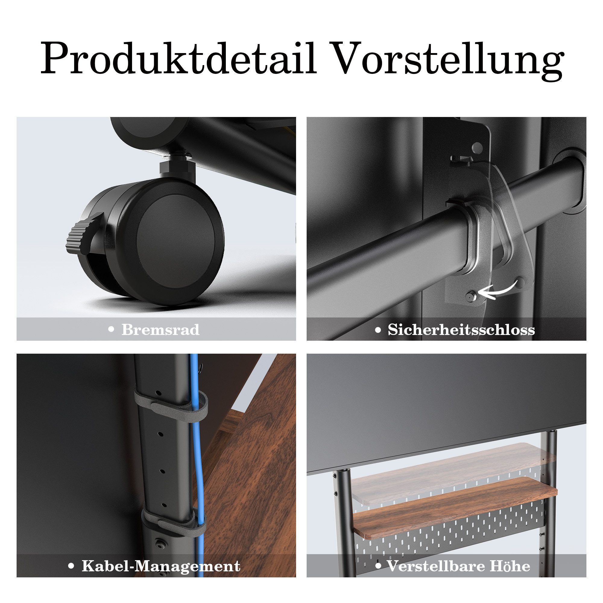FITUEYES TV-Ständer TV-Rollwagen mit Schublade, Ablage, Lochwand, 40-85 Zoll, (bis 85 Zoll, höhenverstellbar, mobil, mit feststellbaren Rädern) – Bild 5 von 5