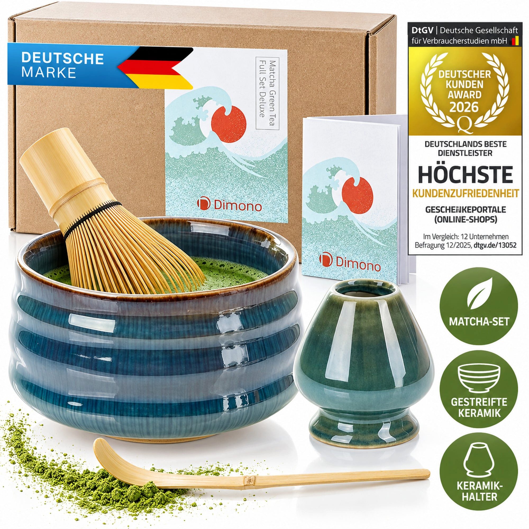 Dimono Teeglas DIMONO Matcha Tee Set–Teezubereitung Set mit Chasen, Schale & Zubehör, mit Matcha-Schale, Besenhalter, Dosierlöffel