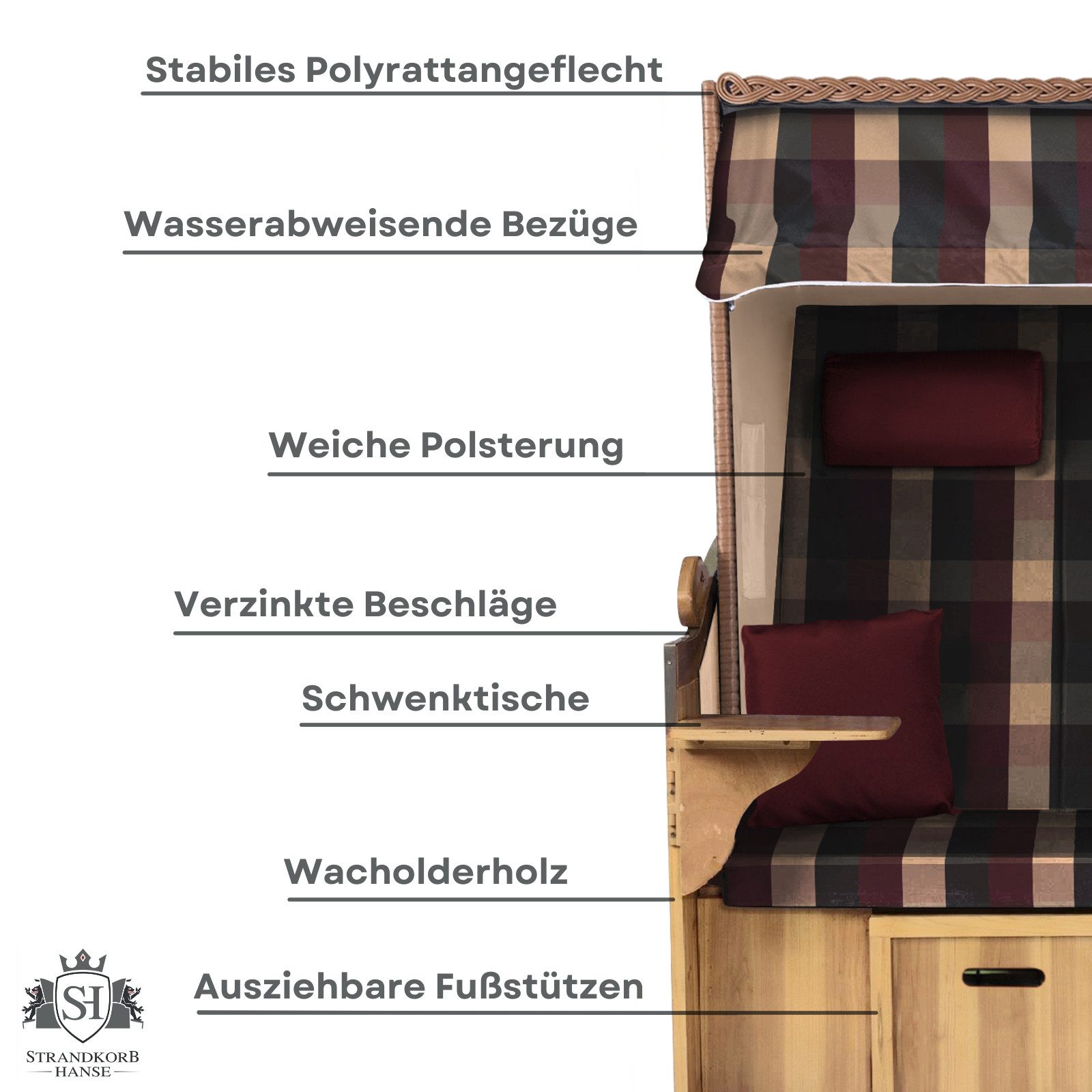 Strandkorb Hanse Strandkorb Strandkorb Ostsee XXL 2,5-Sitzer Volllieger Beige Rot, BxTxH: 150x80x160 cm, Ostsee XXL Volllieger, Ostsee 2,5-Sitzer Modell 2025, Stabiles Wacholder mit handgefertigtem Polyrattangeflecht