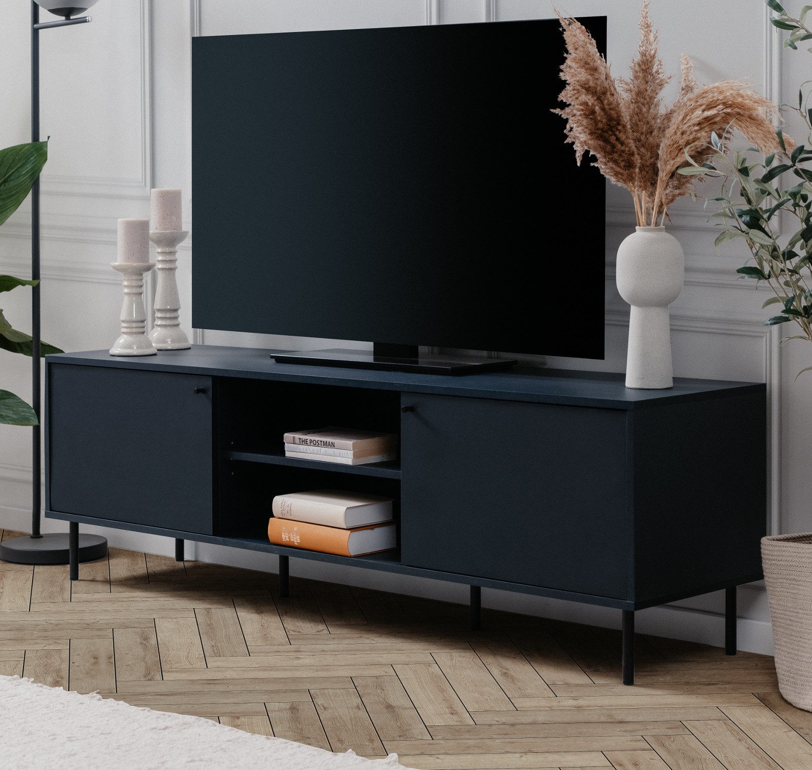 Furn.Design Lowboard Barina (TV Unterschrank in dunklem blau, 2-türig, 160 x 50 cm), mit 4 Fächern