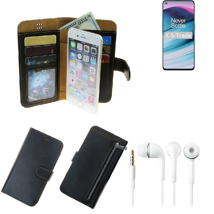 K-S-Trade Handyhülle TOP SET Handy Hülle Schutz Hülle kompatibel mit OnePlus Nord CE 5G schwarz aus Kunstleder + Kopfhörer Smartphone Tasche vollwertige Geldbörse -