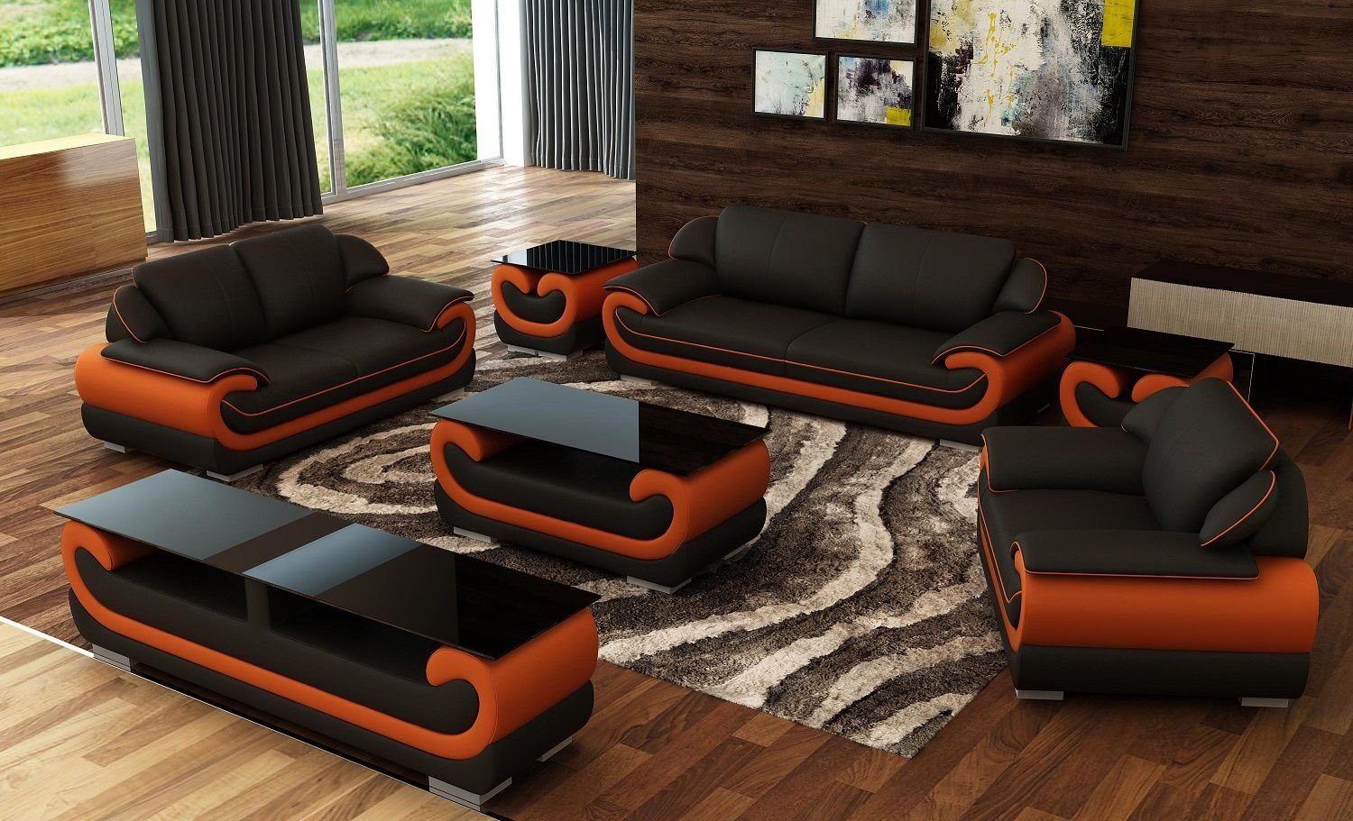 JVmoebel Wohnzimmer-Set Sofagarnitur 3+2+1 Sitzer 2x Beistelltisch Sideboard Hocker 7tlg.Set Schwarz/Rot