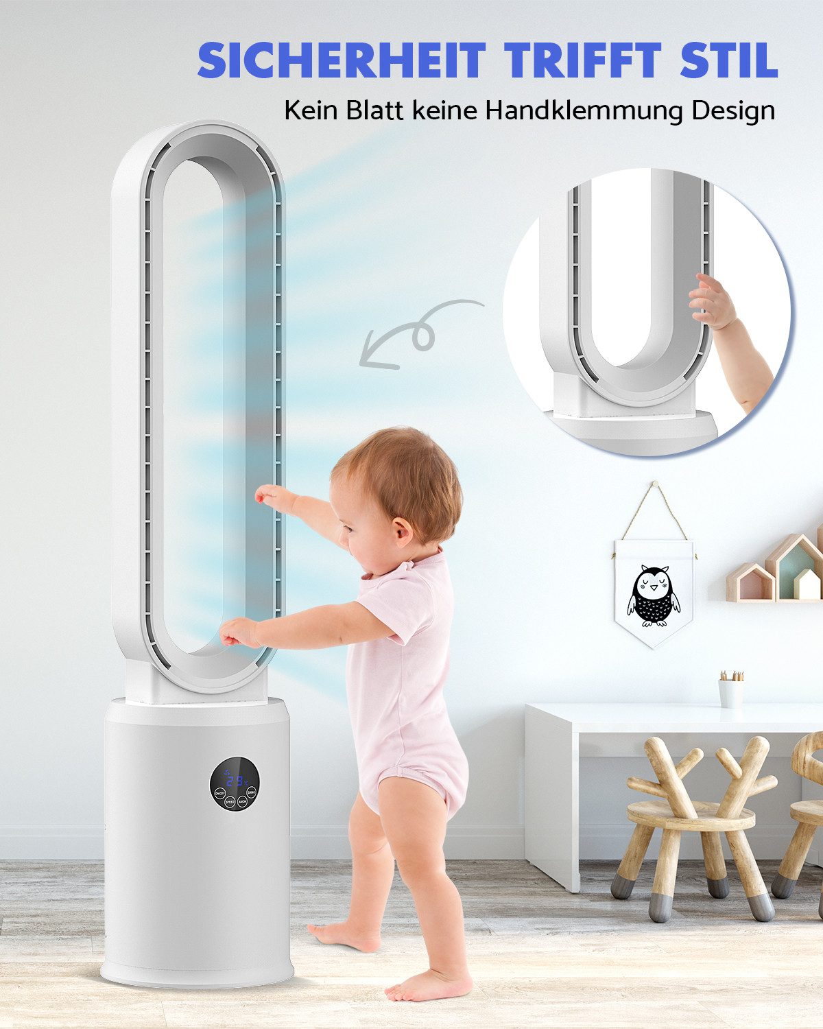 Rebonique Turmventilator Rotorlos Ventilator mit Luftreiniger sehr Leise 24 Stufen 12H Timer, Oszillierend LED-Anzeige Tower-Ventilator mit Fernbedienung