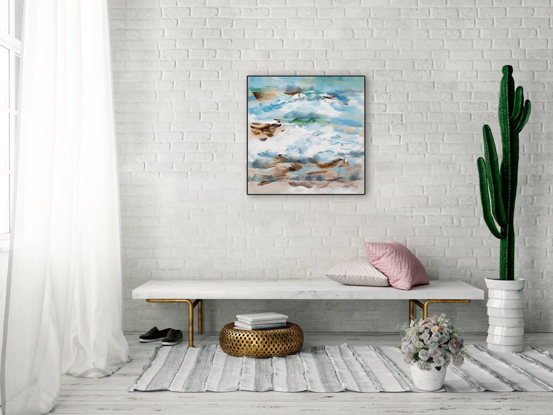 KUNSTLOFT Gemälde An der d'Azur Leinwandbild 100% Wandbild Wohnzimmer HANDGEMALT 60x60 cm, Côte