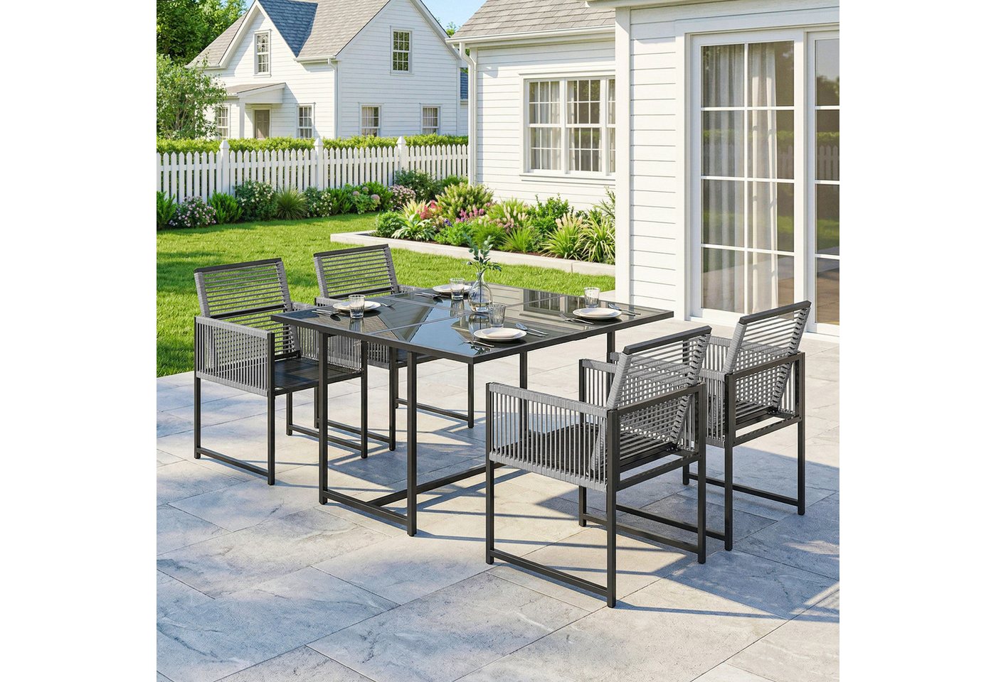 Outsunny Garten-Essgruppe Esszimmergruppe mit Klappstühle, Küchentisch-Set, hellgrau, (Sitzgruppe, 5-tlg., Gartenmöbel Set), für Garten Balkon Terrasse Hellgrau