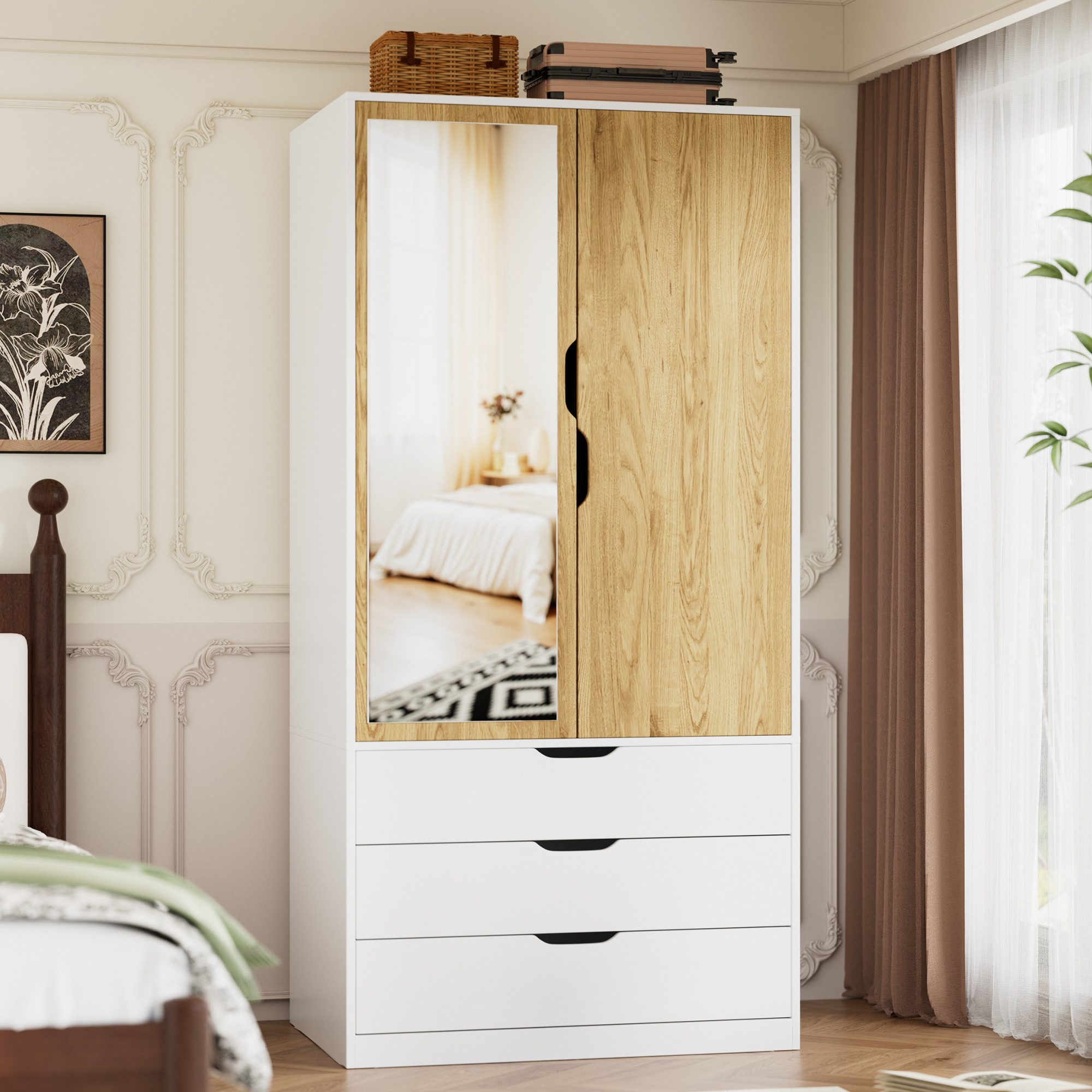 TWSOUL Kleiderschrank Garderobenschrank, 2 Türen und 3 Schubladen Spiegel&S günstig online kaufen