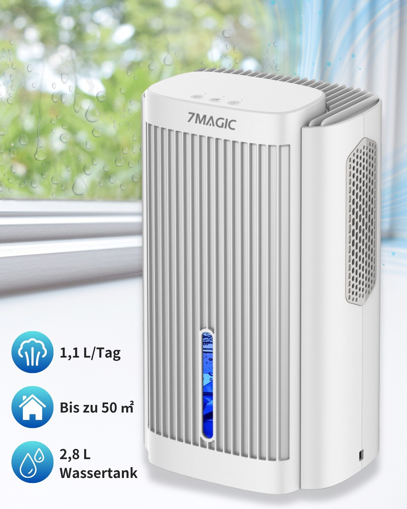 7MAGIC Luftentfeuchter, für 50 m³ Räume, Entfeuchtung 1,10 l/Tag, Tank 2,80 l, Luftentfeuchter Elektrisch, Entfeuchter Leise, Schlafmodus, LED-Licht