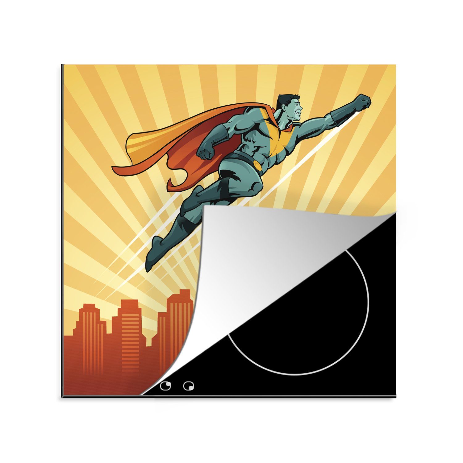 MuchoWow Herdblende-/Abdeckplatte Illustration eines fliegenden Superhelden mit Umhang für Kinder, Vinyl, (1 tlg), 78x78 cm, Ceranfeldabdeckung, Arbeitsplatte für küche