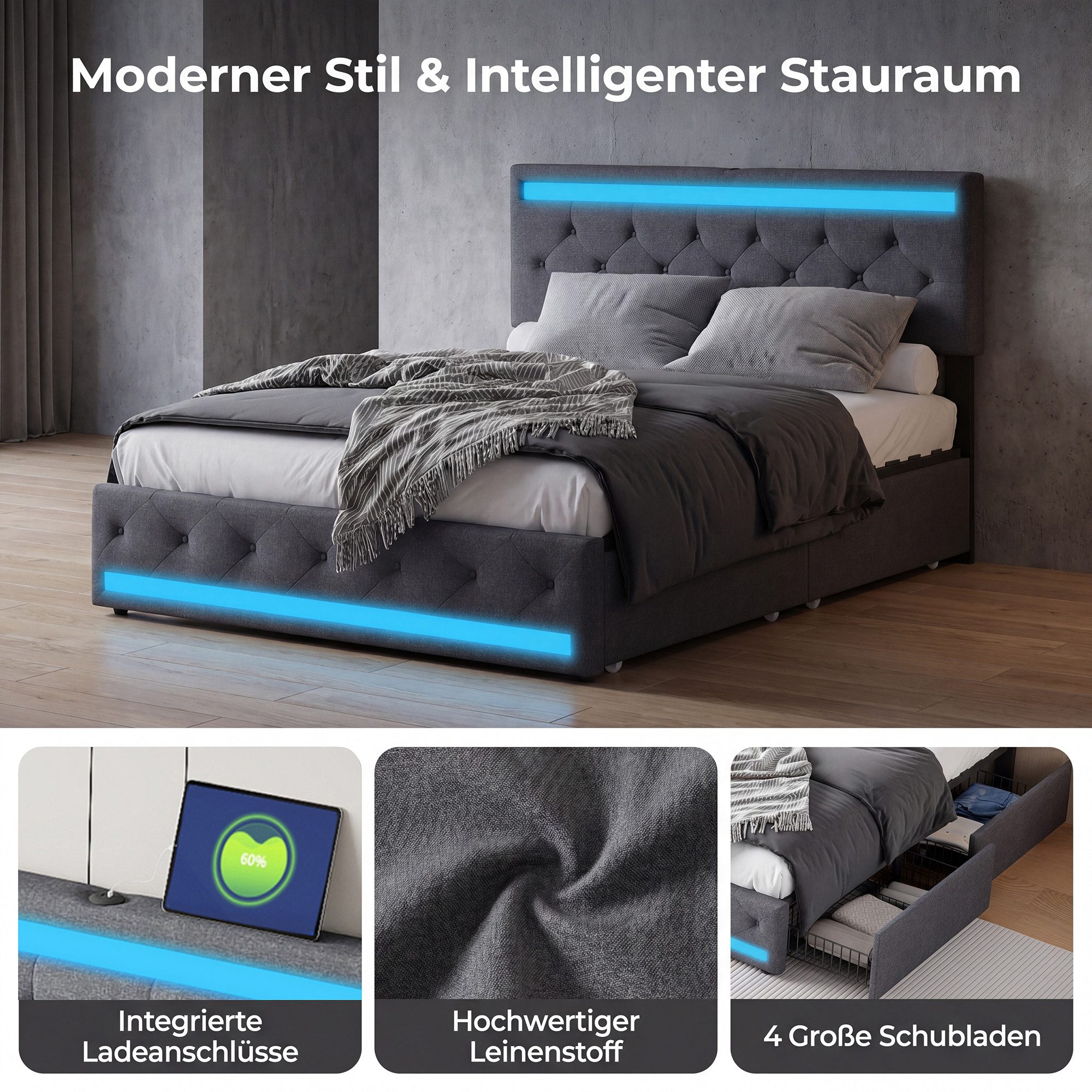 Yelenaro Stauraumbett Polsterbett Doppelbett mit LED Licht USB+Typ-C (Packung, 1-tlg., Jugendbett), 160x200 cm,Leinenstoff,Mit Kopfteil und Bettgestell,Grau – Bild 4 von 5