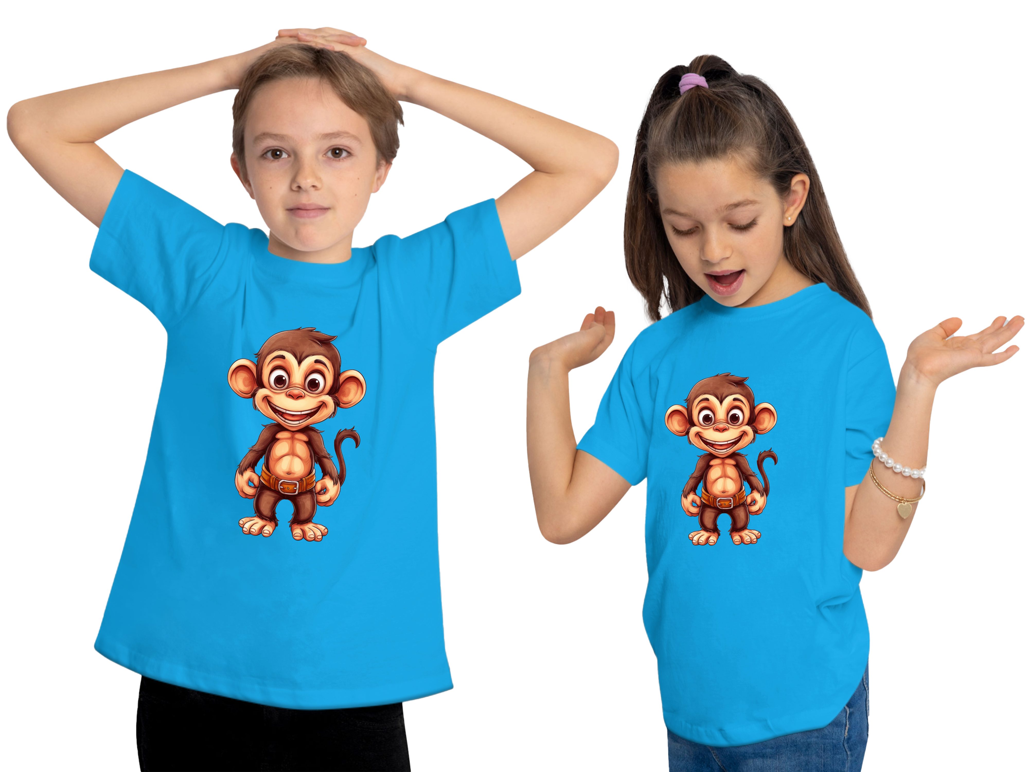 MyDesign24 Affe - mit Aufdruck, blau Print Baumwollshirt T-Shirt Wildtier i276 Kinder Schimpanse bedruckt Shirt Baby aqua