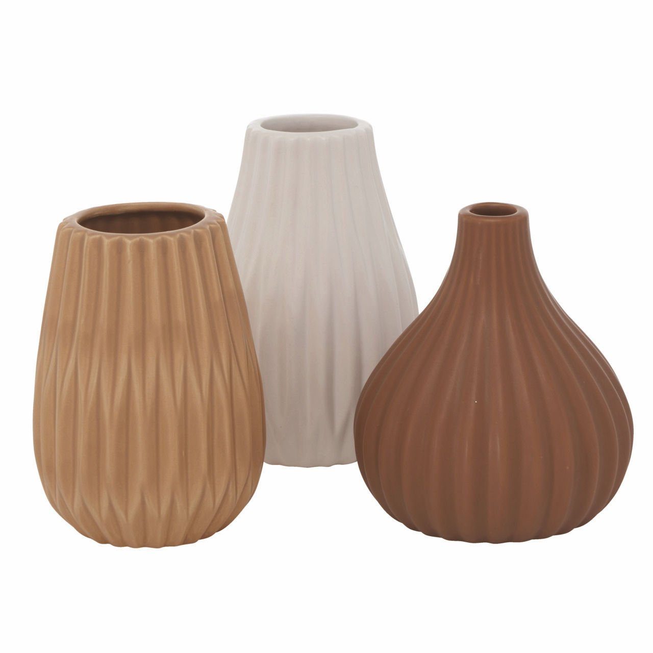 Spetebo Dekovase Keramik Blumen Vase WILMA 3er Set - weiß / braun (3er Set, 3 St., 3 unterschiedliche Vasen), Stein Tischvase mit Rillenmuster