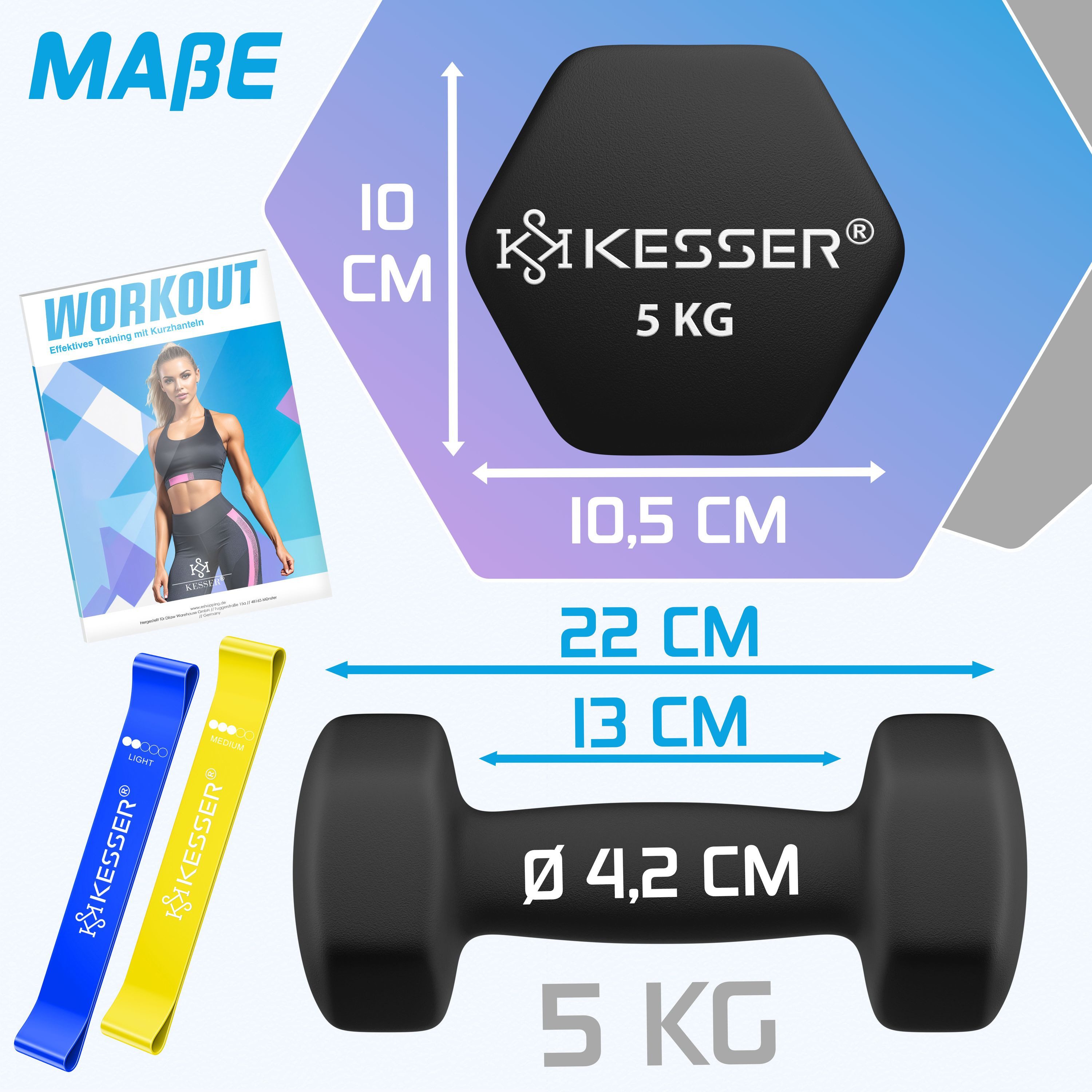 KESSER Hantel-Set, (2 x 5 kg), Kurzhantel Gymnastikhanteln 2er Set mit Übungsheft, 2x Fitnessbänder