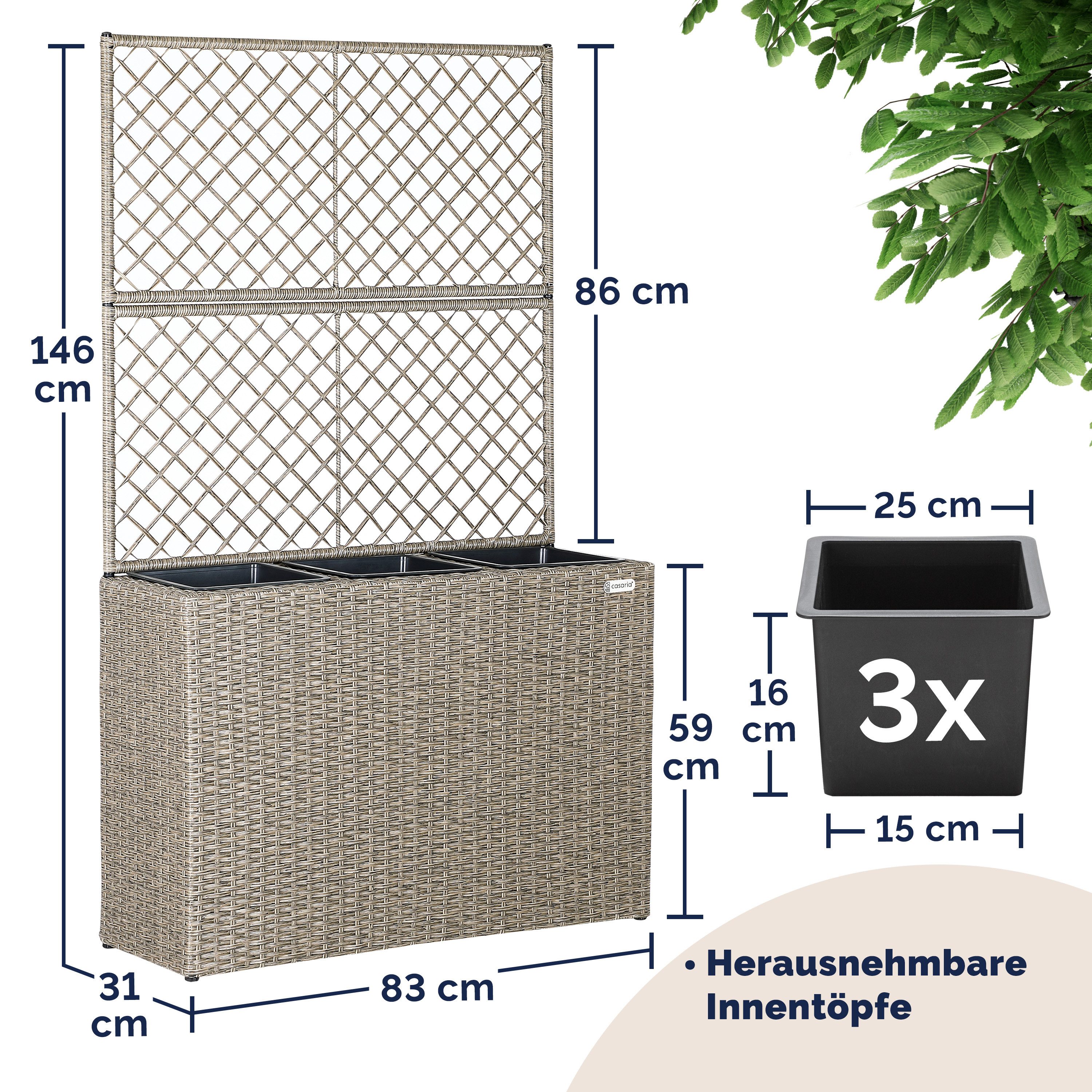 Casaria Blumenkasten, Blumenkasten Rankgitter 3 Innentöpfe Polyrattangeflecht Rankhilfe