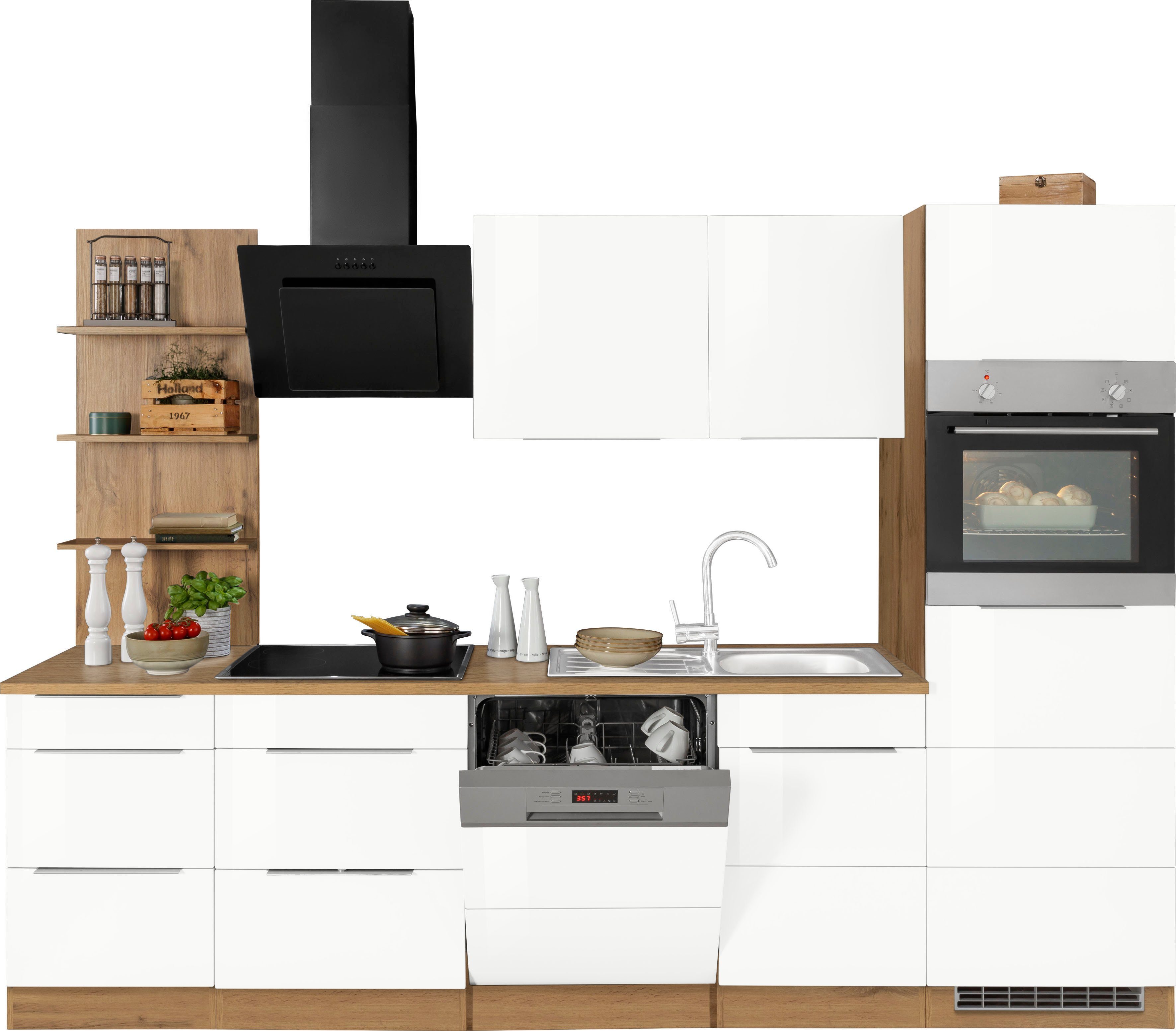 HELD MÖBEL Küchenzeile Brindisi, wotaneichefarben Breite 280 E-Geräten, | Hochglanz/wotaneichefarben cm weiß mit