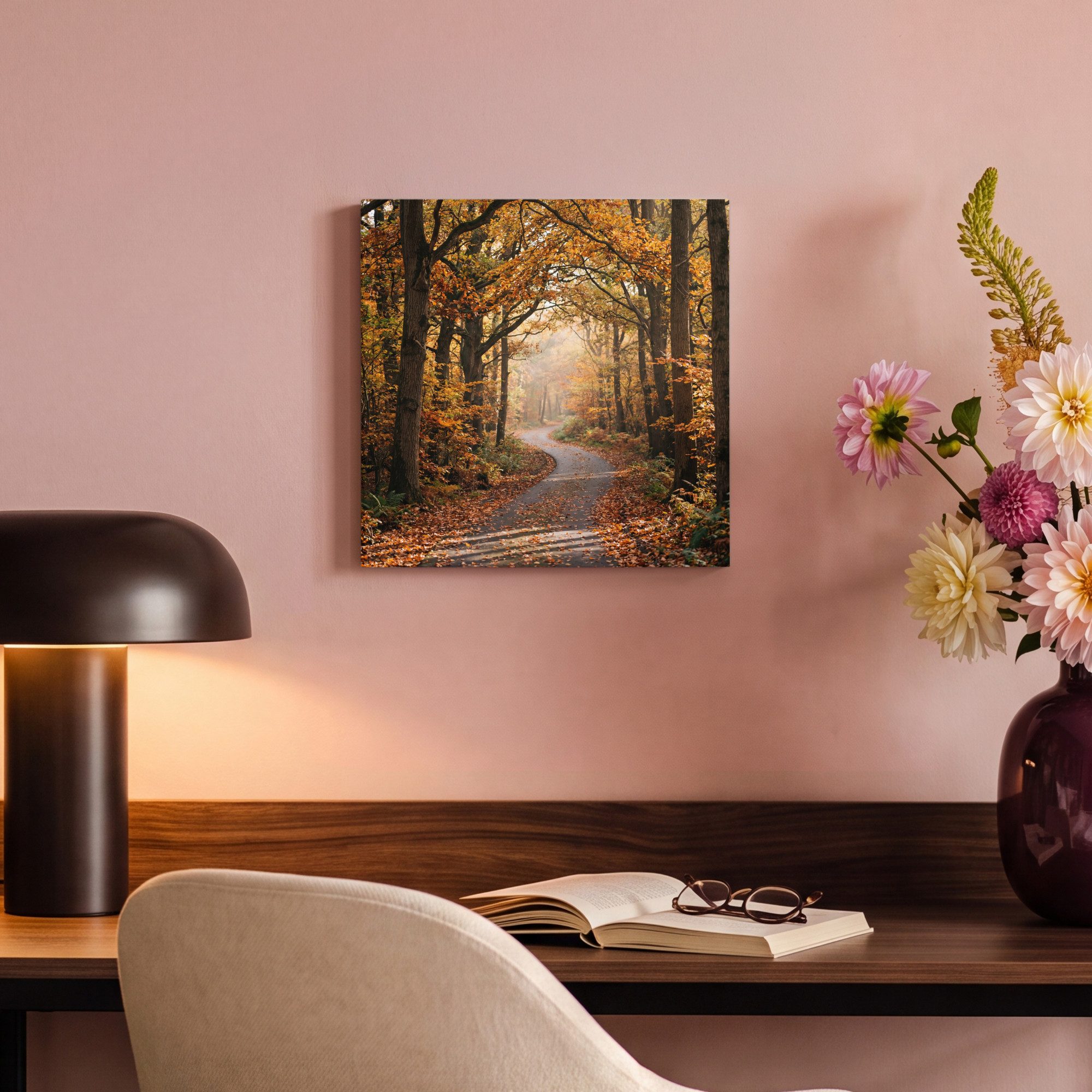 OneMillionCanvasses® Leinwandbild Waldweg - Herbstwald - Blätter - Orange - Nostalgisch, Fotodruck (1 St), Wandbild, Deko Schlafzimmer Wohnzimmer Flur 20x20 cm – Bild 4 von 5
