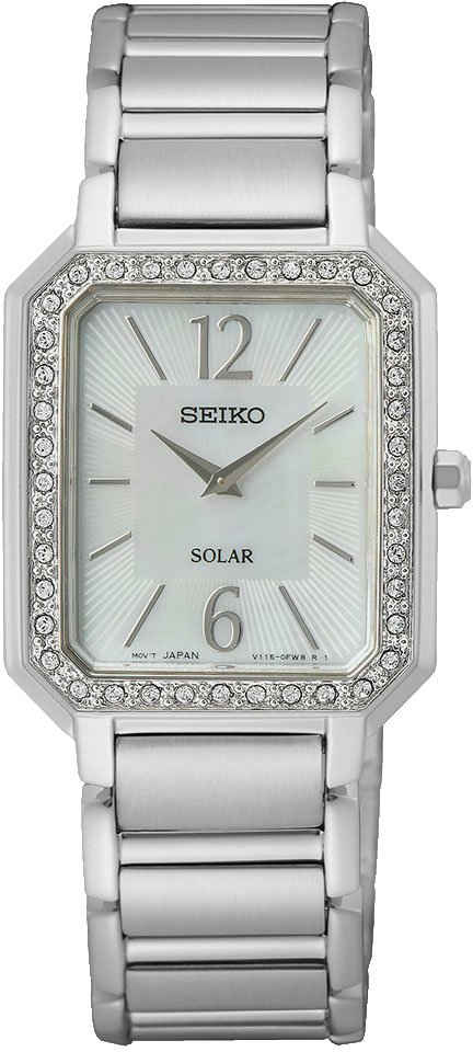 Seiko Solaruhr SUP465P1, Armbanduhr, Damenuhr, Perlmutt-Zifferblatt, Kristallsteine