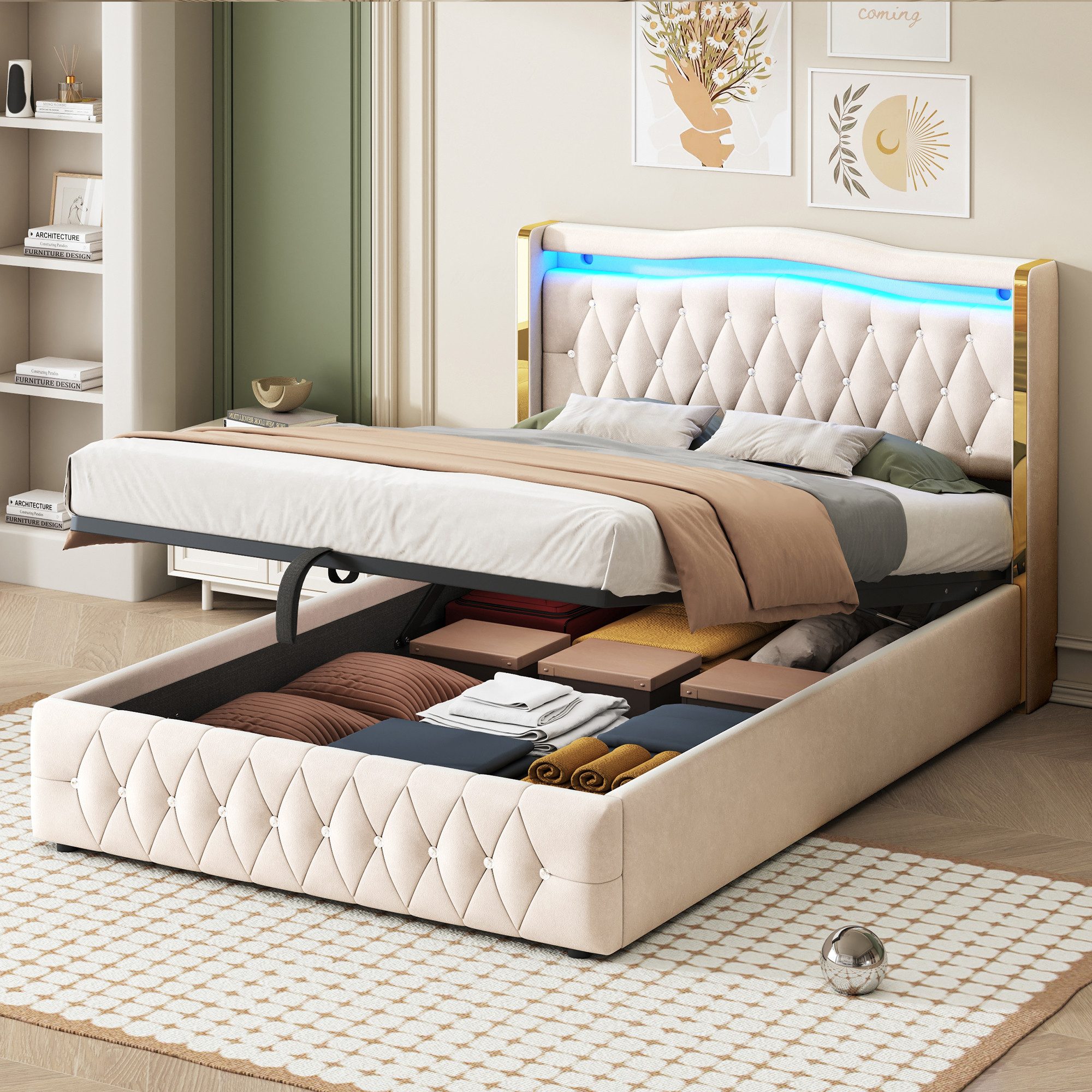 Flieks Polsterbett, LED hydraulisches Doppelbett 140x200cm mit hellen Strei günstig online kaufen