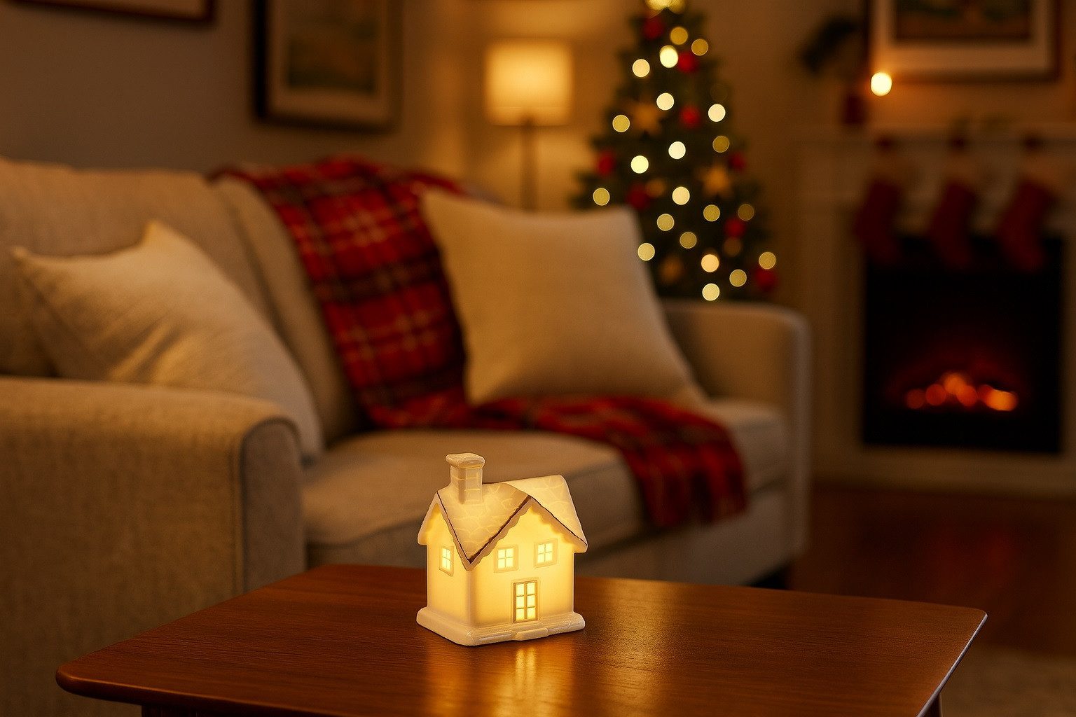 formano LED Windlicht LED - Windlicht Haus weiß-gold mit Timer Weihnachten