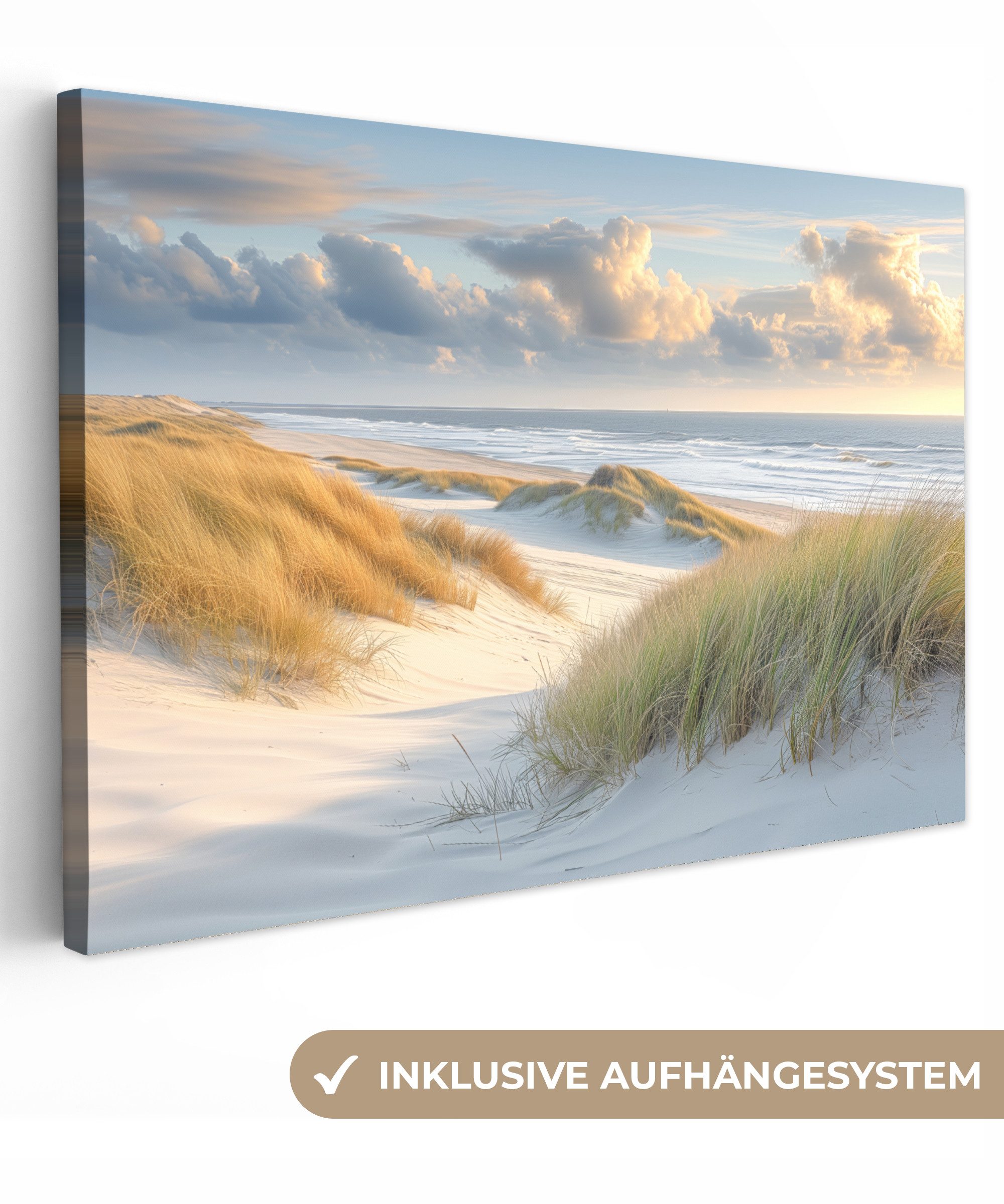 OneMillionCanvasses® Leinwandbild Strand - Dünen - Borstgrasrasen - Wattenmeer, Fotodruck (1 St), Leinwand Bilder groß für Wohnzimmer 140x90 cm