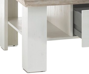 99rooms Couchtisch Samwell Pinie Weiß, Pinie (Wohzimmertisch, Beistelltisch), mit Schubladen und Fächern, Stauraum unter Tischplatte, Landhausstil