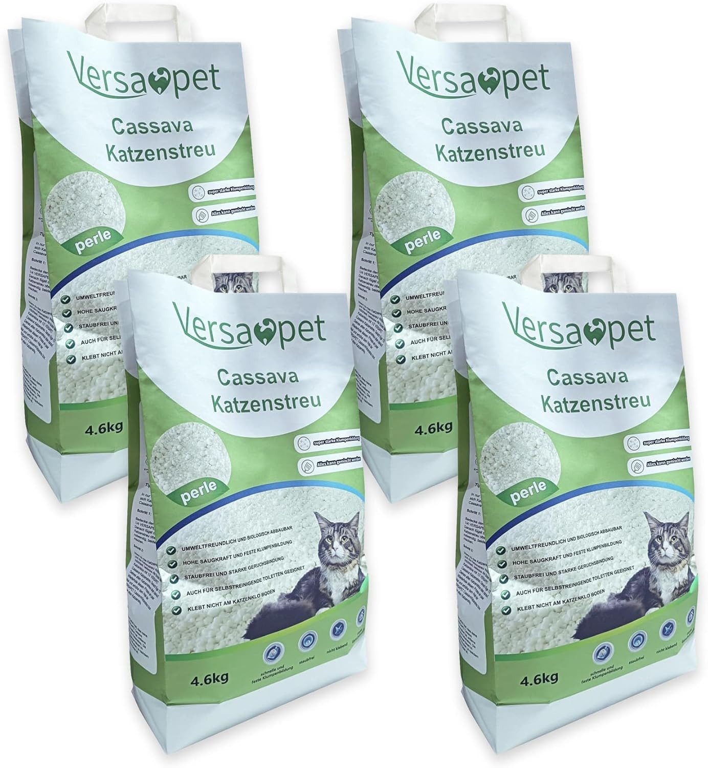 Versapet Katzenstreu (Cassava Katzenstreu 4 x 4,6 kg, Klumpstreu aus Maniok), staubfrei & biologisch abbaubar