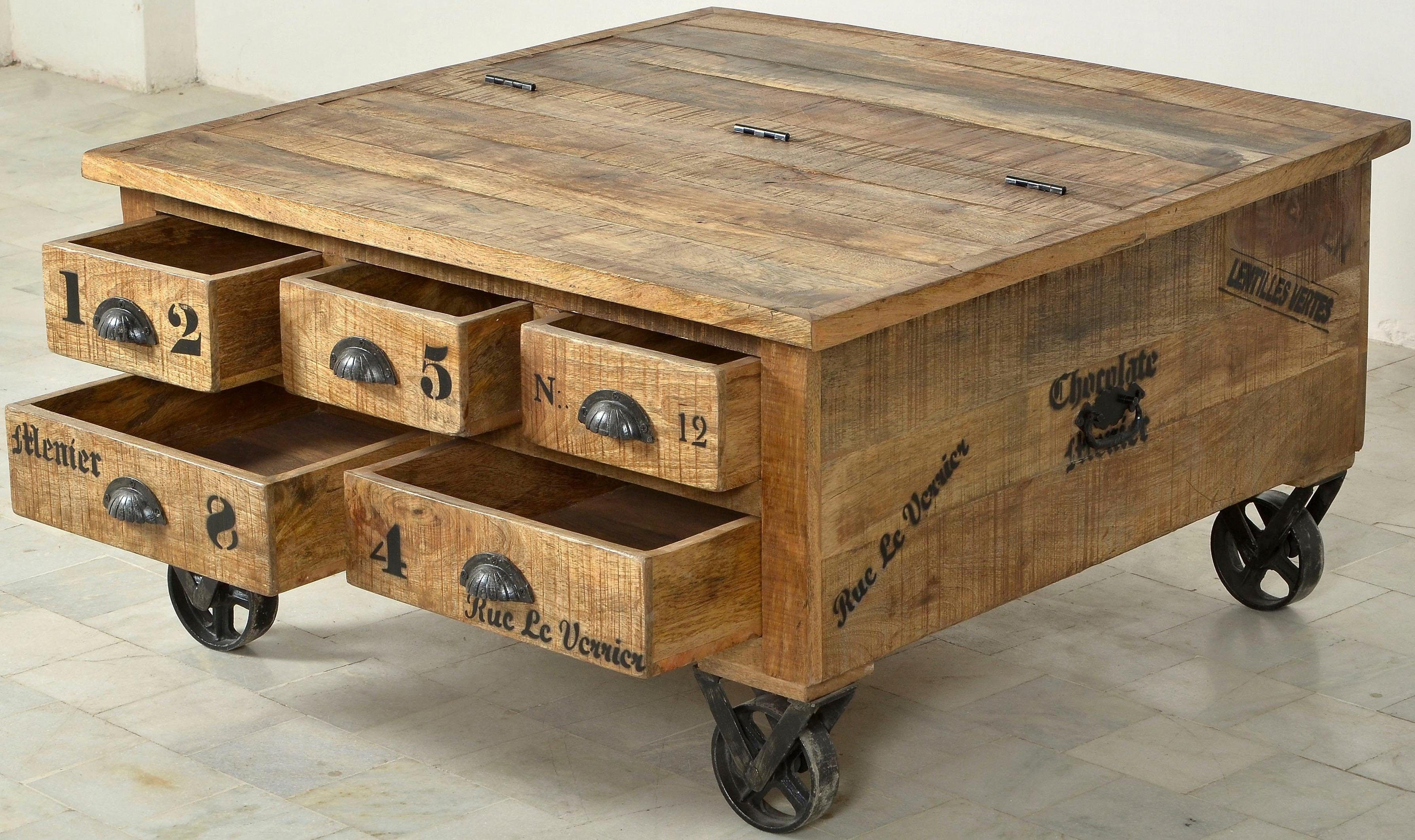 SIT Couchtisch Rustic Couchtischtruhe aus Mangoholz mit Rollen & Stauraum, 5 Schubladen, Klappe & Rollen für flexiblen Stauraum – Bild 4 von 5