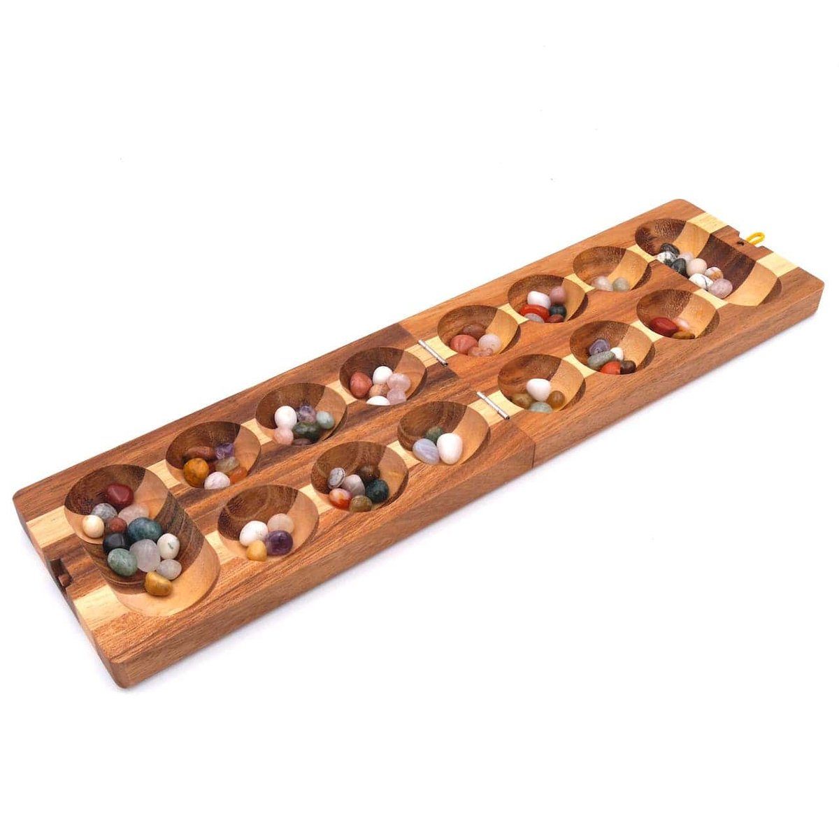 ROMBOL Denkspiele Spiel, Brettspiel Halbedelsteinen, - Kalaha hochwertiges Halbedelsteine Steinchenspiel zweifarbig, Holzspiel inkl