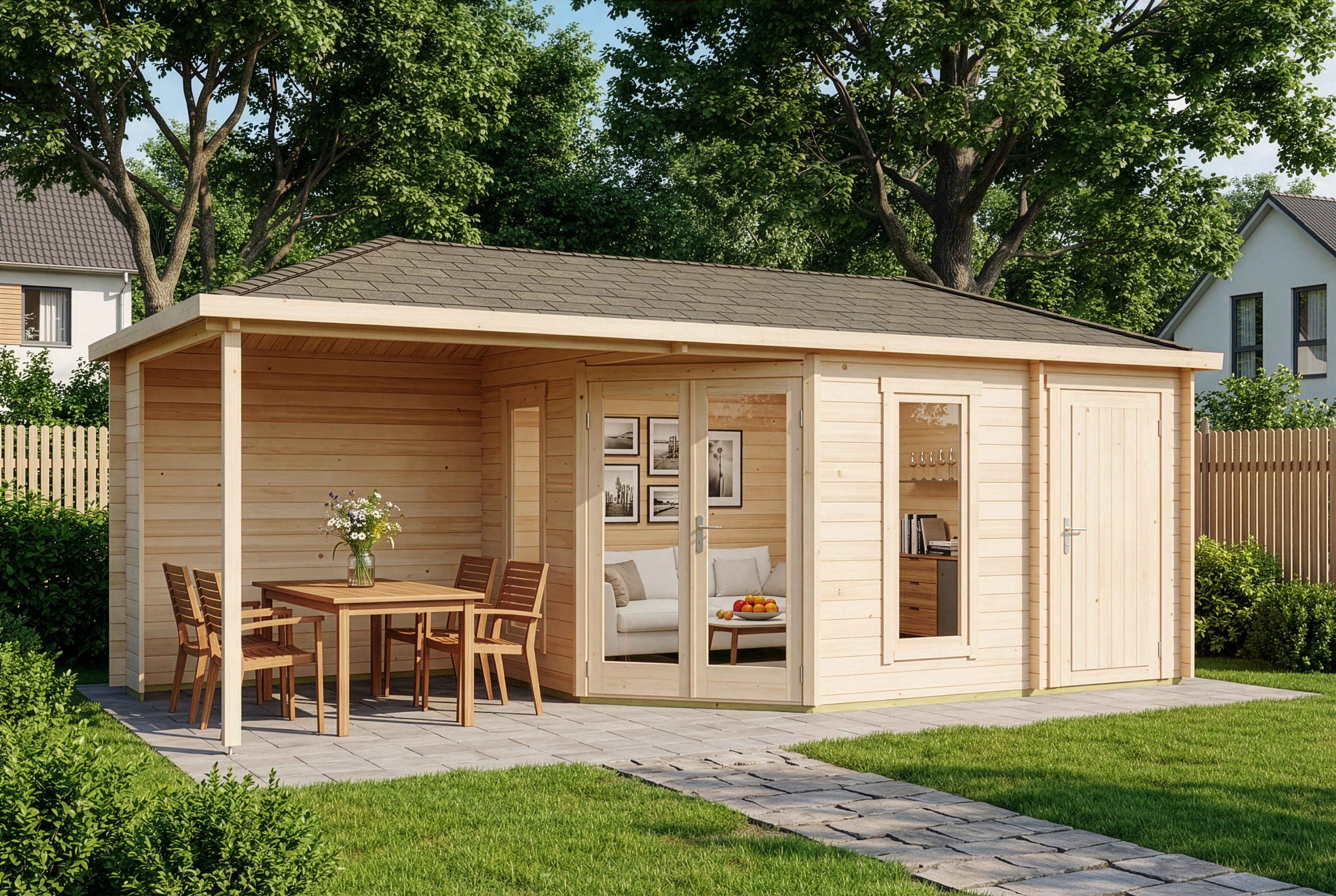 Alpholz Gartenhaus Holz 5-Eck Liwa mit Anbau, BxT: 728x317 cm, in Naturbelassen mit 28mm Wandstärke