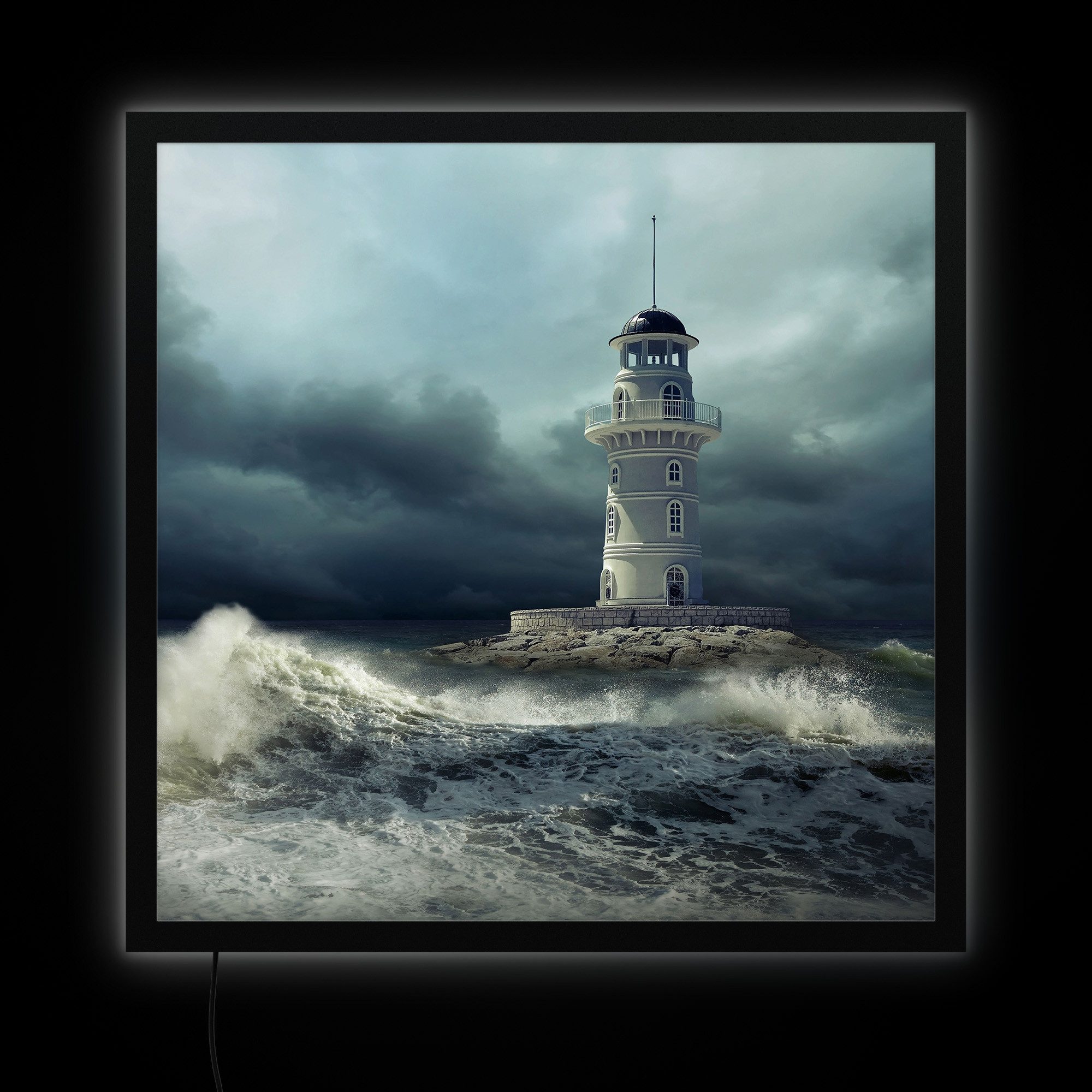 DEQORI LED-Bild 'Leuchtturm im Sturm', (1 St), LED Lampe Leuchte Leuchtbild Bild beleuchtet Deckenleuchte Wandlampe