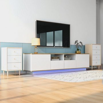 WISHDOR Lowboard mit LED-Beleuchtung inkl. Fernbedienung, 2 Türen und 2 Schubladen (TV-Schrank aus Holz, Fernsehtisch mit großem Stauraum), TV-Board, TV-Ständer, B:180cm