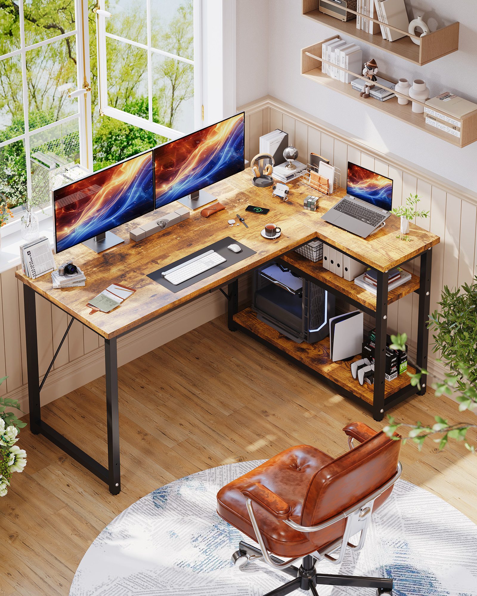 GUNJI Eckschreibtisch Eckschreibtisch Umkehrbarer L-förmiger Computer schreibtisch mit Hutch (Maße: 1 m/1,2 m/1,4 m/1,6 m, Schreibtisch mit verstellbaren Einlegeböden)