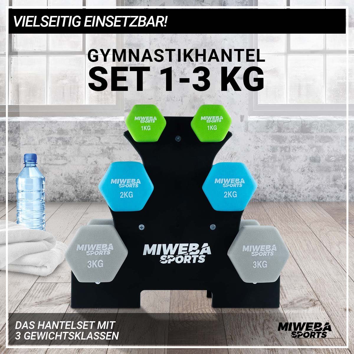 Miweba Sports Hantel-Set Premium Gymnastikhantel-Set NKH120 inkl. Hantelablage, (rutschfest - Fitness Sport Muskelaufbau Training Hantel Set Kurzhantelset Kettlebell Set, 3 Farben, Neopren, Hexagon-Form, 1 kg - 2 kg - 3 kg), Kurzhantel Aerobic Hantel Set Fitnesshanteln Gewichte