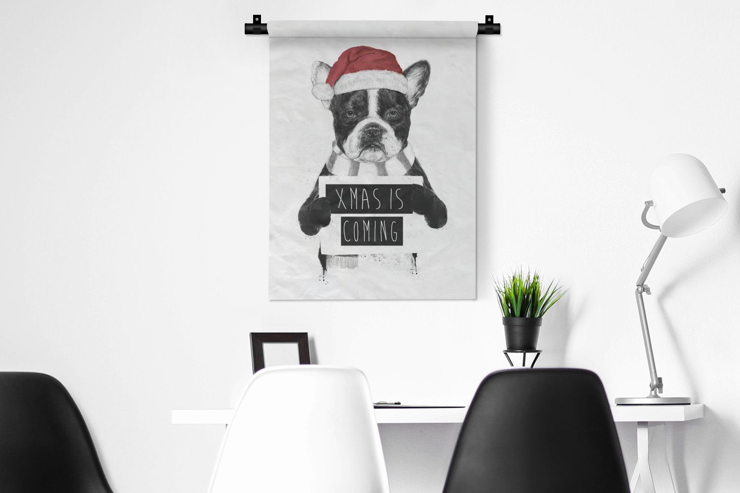 Wanddekoobjekt - Tiere, - für Weihnachtsmütze Wand, Wohnzimmer, MuchoWow Tapisserie, Hund - der Schlafzimmer Deko Schal an