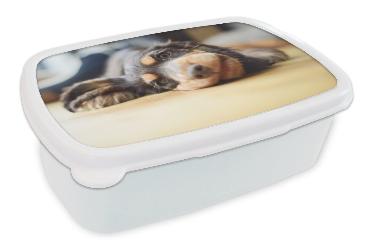 MuchoWow Lunchbox Hund auf dem Boden liegend, Kunststoff, (2-tlg), Brotbox für Kinder und Erwachsene, Brotdose, für Jungs und Mädchen weiß