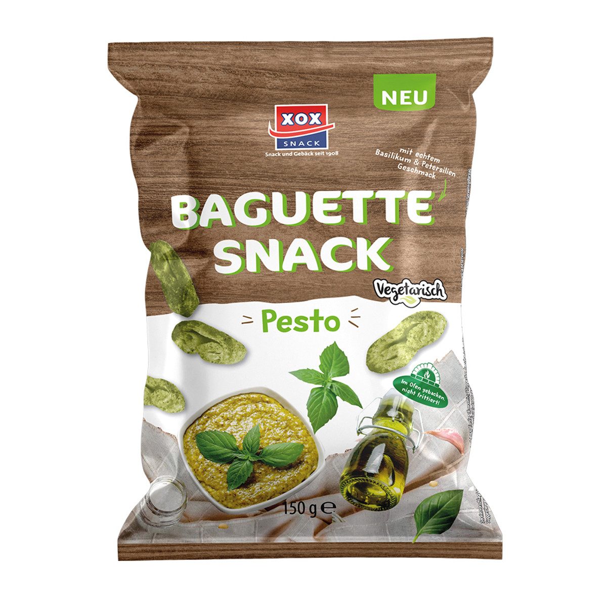 XOX Knabberei, XOX Baguette knusprig mediterraner Brotsnack mit Pesto Geschmack 150g