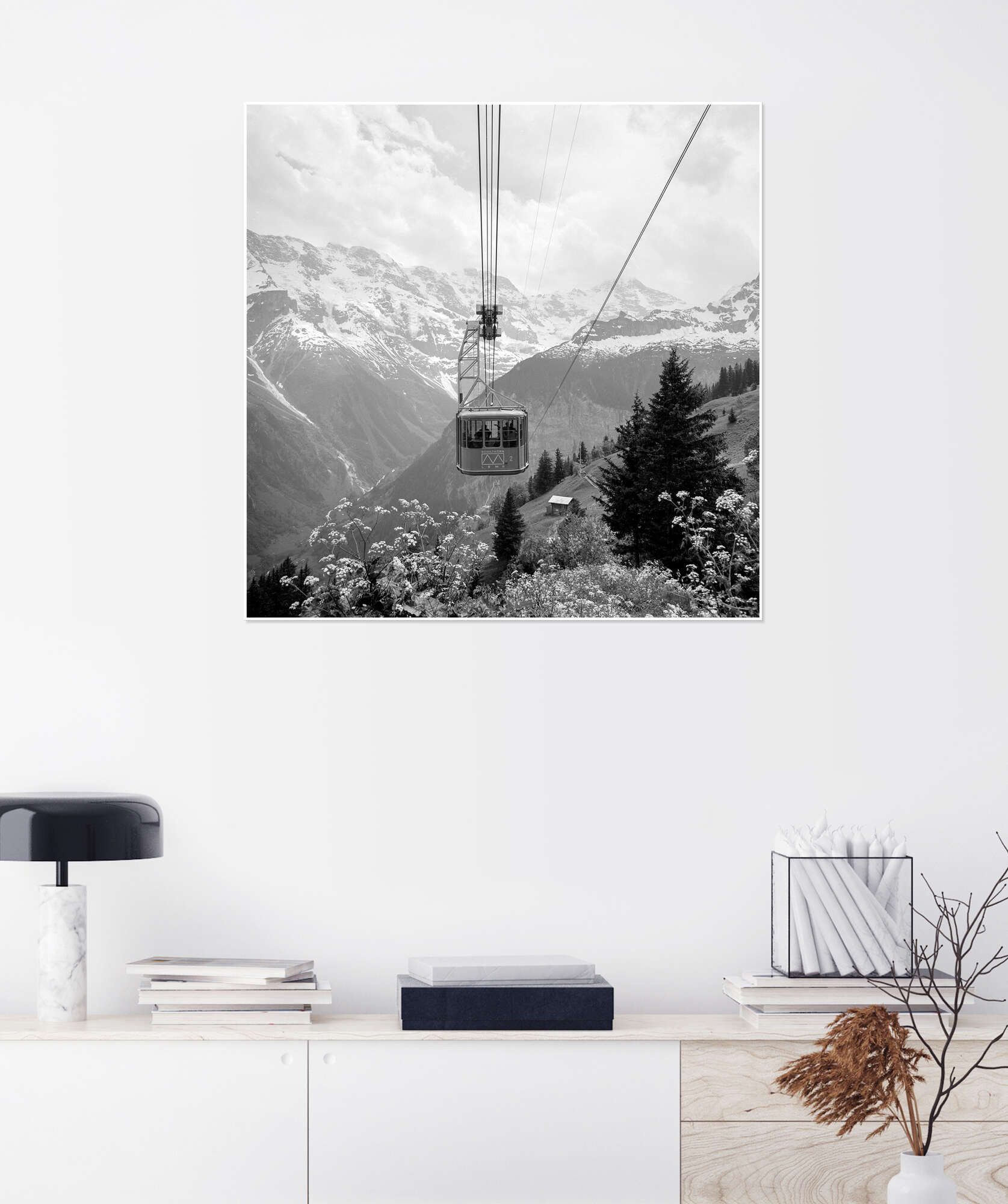 Posterlounge Wandbild Bergbahn mit Bergpanorama im Sommer, Vintage Ski Collection, erhältlich als Poster, Leinwandbild, Wandsticker oder Acrylglasbild