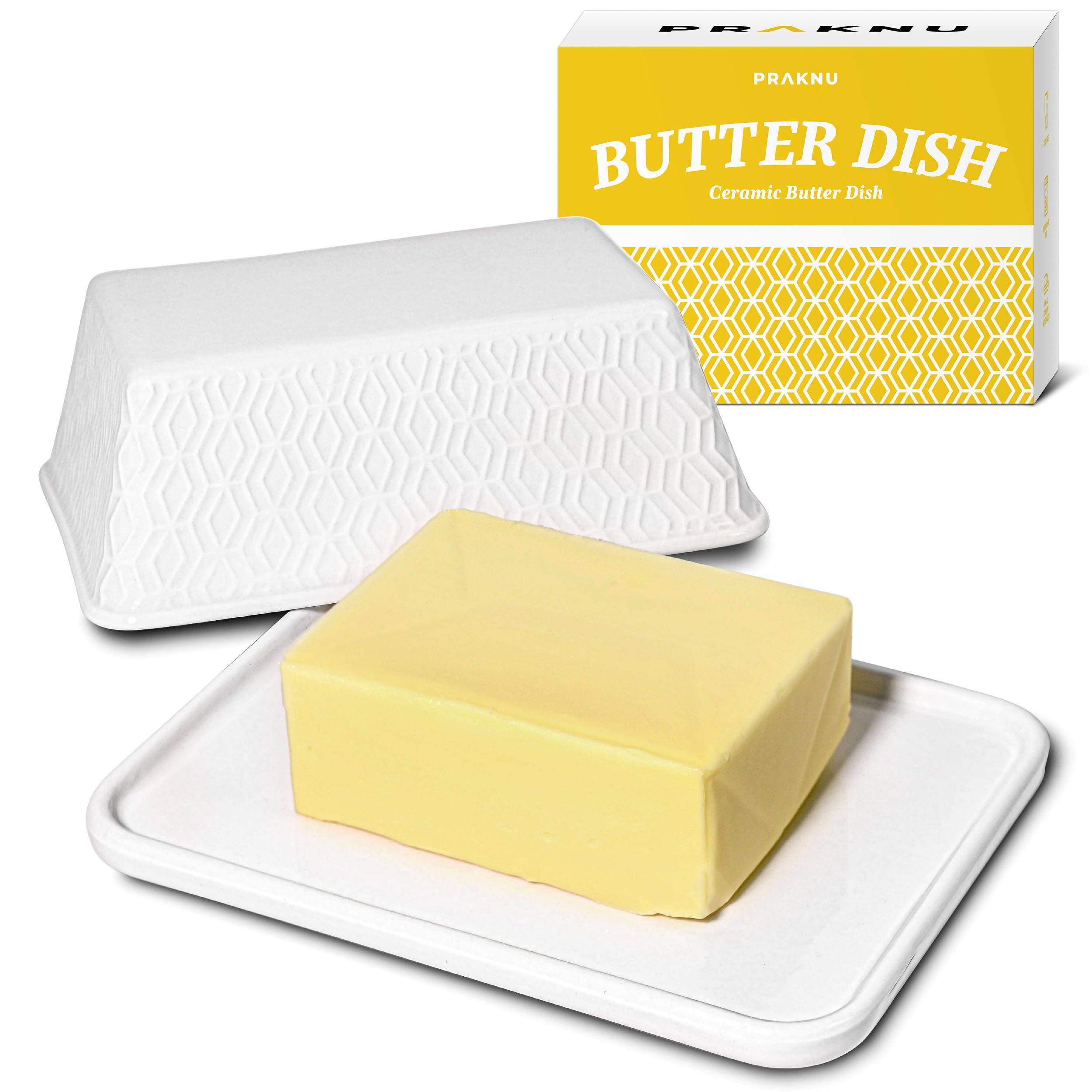 Praknu Butterdose Butterdose aus Keramik Weiß für 250g Butter, Keramik, (Packung, 1-tlg), Hält Butter länger frisch - Spülmaschinengeeignet