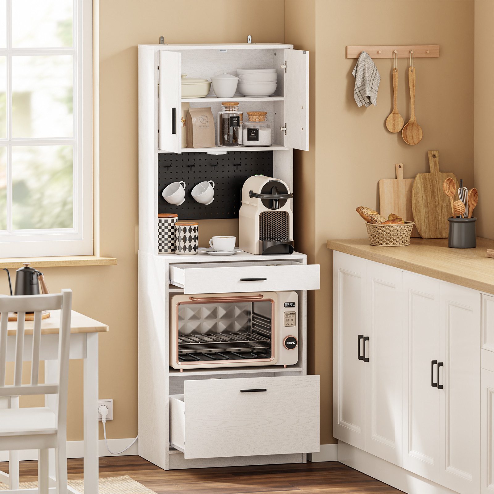 SoBuy Sideboard FSB98-E, Küchenschrank mit Steckdose, Buffetschrank mit Sensorleuchte, Mikrowellenschrank mit 2 USB-Anschlüssen für Küche und Kaffeebar