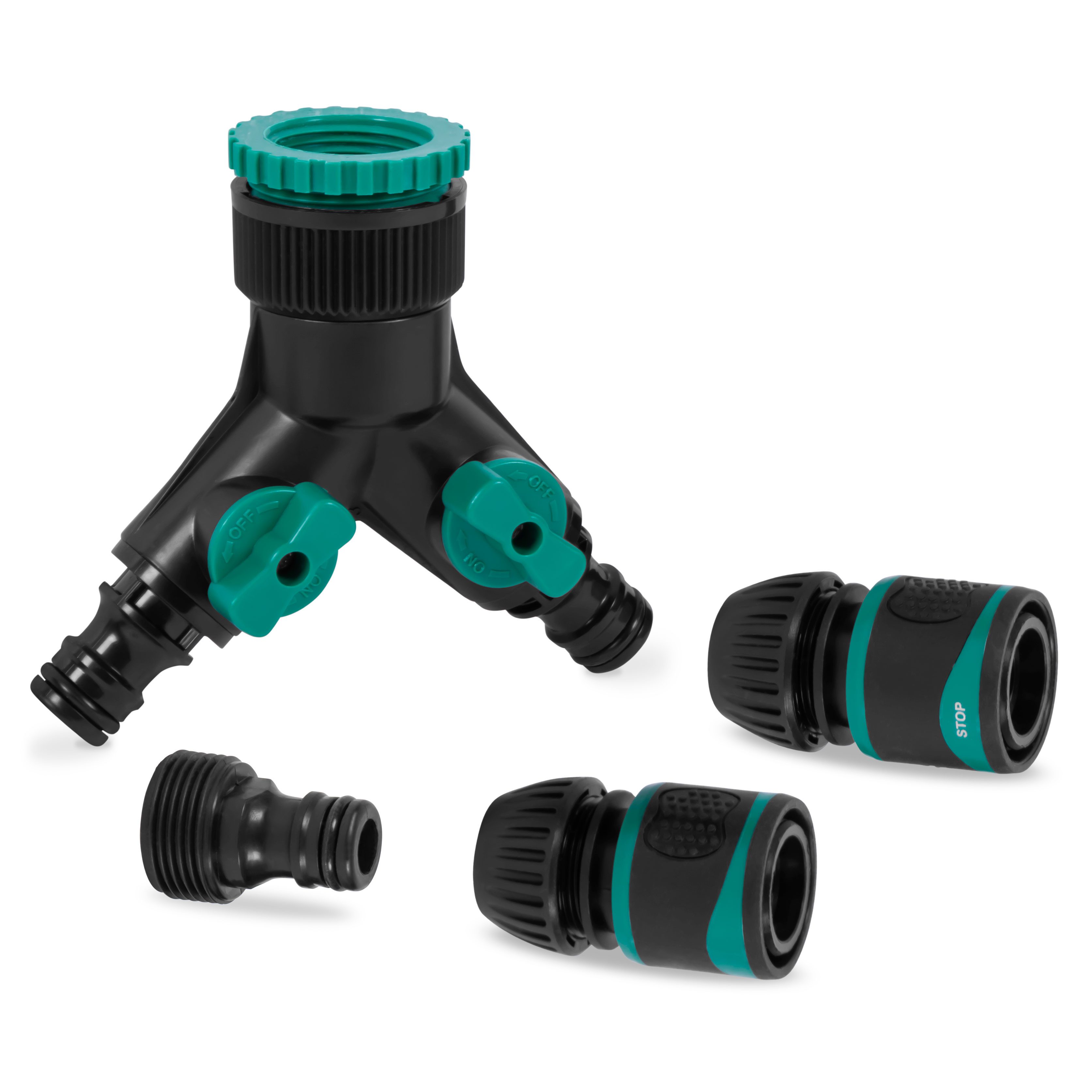 VONROC 2-Wege Verteiler Hahnanschluss-Set, Inkl. Schlauchkupplungen und Steckadapter