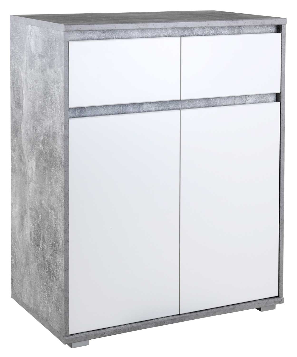 Kommode IKARUS, B 80 x H 103 cm, Betonoptik, Weiß matt, 2 Türen und 2 Schubladen